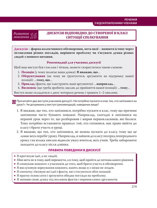 279
РЕЧЕННЯ
З ВІДОКРЕМЛЕНИМИ ЧЛЕНАМИ
Розвиток
мовлення 16
ДИСКУСІЯ ВІДПОВІДНО ДО СТВОРЕНОЇ В КЛАСІ
СИТУАЦІЇ СПІЛКУВАННЯ
Дискусія – форма колективного обговорення, мета якої – виявити істину через
зіставлення різних поглядів, вирішити проблему чи з’ясувати думки різних
людей з певного питання.
Рекомендації для учасника дискусії
Щоб ваш виступ був стислим і чітким, можете скористатися такою схемою:
1. Позиція (у чому полягає ваша думка): Я вважаю, що...
2. Обґрунтування (на чому ви ґрунтуєтеся, аргументи на підтримку вашої
позиції): ...тому, що...
3. Приклад (факти, що ілюструють ваші аргументи): ...наприклад...
4. Висновок (що треба зробити; заклик до прийняття вашої позиції): ...тому...
Виступ може складатися з двох-чотирьох речень і тривати 1–2 хвилини.
392Прочитайте два виступи учасників дискусії «Чи потрібно пускати в клас тих, хто запізнився на
урок?». Чи дотримано у виступі рекомендацій, наведених вище?
1. Я вважаю, що тих, хто запізнився, потрібно пускати в клас, тому що причини
запізнення часто бувають поважні. Наприклад, сьогодні я запізнився на
перший урок через те, що розбороняв і мирив першокласників, які билися.
Тому потрібно встановити правило: той, хто спізнився, має право ввійти до
класу і брати участь в уроці.
2. Я вважаю, що тих, хто запізнився, не можна пускати до класу, тому що це
ламає весь перебіг уроку. Наприклад, я зайшов до класу посеред попереднього
уроку і на кілька хвилин відволік увагу вчителя, всіх учнів. Треба заборонити
заходити до класу після дзвінка.
ПРАВИЛА ПОВЕДІНКИ В ДИСКУСІЇ
 Я критикую ідеї, а не людей.
 Моя мета не в тому, щоб перемогти, а в тому, щоб прийти до оптимального рішення.
 Я спонукаю кожного з учасників до того, щоб брати участь в обговоренні.
 Я вислуховую міркування кожного, навіть якщо я з ними не згоден.
 Я спочатку з’ясовую всі ідеї і факти, які стосуються обох позицій.
 Я прагну осмислити і зрозуміти обидва погляди на проблему.
 Я змінюю свою думку під впливом фактів і переконливих аргументів.
 