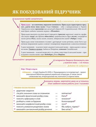 Як побудований підручник
4
ЯК ПОБУДОВАНИЙ ПІДРУЧНИК
Ці визначення треба запам’ятати
Прочитайте і зрозумійте Ці інтернетні джерела допоможуть вам
у вивченні мови – і не тільки
Виконуючи вправи, звертайте увагу на ці позначки
(такі завдання можна робити усно і письмово)
УМОВНІ ПОЗНАЧЕННЯ
 додаткове завдання
* з’ясуйте значення слова за словником — лейтмотив*
ф виконайте фонетичний розбір слова — б’ютьф
о поясніть орфограму в слові — незнанняо
б розберіть слово за будовою — безпосереднійб
м виконайте морфологічний розбір слова — путьм
п поясніть уживання розділових знаків — Ми, мабуть, підемо.п
сн виконайте синтаксичний розбір речення — Вже світає.сн
Додайте до вибраного
http://litopys.org.ua
«Ізборник» – історія України IX–XVIII ст. Першоджерела та інтерпретації – проект
електронної бібліотеки давньої української літератури. А також тексти
з мовознавства, літературознавства, політології, історичні мапи.
«Буду я навчатись мови золотої»
Прикладка – це означення, виражене іменником. Прикладка характеризує пред-
мет, даючи йому іншу назву: Озеро Світязь – одне з найкрасивіших в Україні.
Українська хата-праматір має цілий ряд оберегів (В. Скуратівський). Мій молод-
ший брат любить читати журнал «Пізнайко».
Прикладки вказують на різні якості предмета (красуня наречена), заняття, профе-
сію (мама-лікар), вік (брати-однолітки), національність (друг-поляк), географічні
назви (річка Рось), назви газет, книжок, підприємств (завод «Радар») тощо.
Прикладка може пояснювати головні і другорядні члени речення, може бути оди-
ничною (вираженою одним словом) і поширеною (вираженою словосполученням).
З двох іменників – власного імені людини й загальної назви – прикладкою є загаль-
на назва: Учитель музики Людмила Петрівна, гетьман Сагайдачний.
З двох іменників – власної назви міст, сіл, річок, озер тощо й загальної назви – при-
кладкою є власна назва: гори Медобори, річка Ятрань.
 