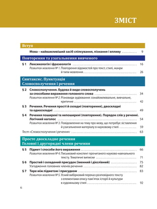 6
ЗМІСТ
Вступ
Мова – найважливіший засіб спілкування, пізнання і впливу . . . . . . . . . . . 9
Повторення та узагальнення вивченого
§ 1 Лексикологія і фразеологія . . . . . . . . . . . . . . . . . . . . . . . . . . . . . . . . . . . . . . . . . . . . . . . 16
Розвиток мовлення № 1. Повторення відомостей про текст, стилі, жанри
й типи мовлення. . . . . . . . . . . . . . . . . . . . . . . . . . . . . . . . . . . . . . . . . 26
Синтаксис. Пунктуація
Словосполучення і речення
§ 2 Словосполучення. Будова й види словосполучень
за способами вираження головного слова . . . . . . . . . . . . . . . . . . . . . . . . . . . . . . . 34
Розвиток мовлення № 2. Різновиди аудіювання: ознайомлювальне, вивчальне,
критичне . . . . . . . . . . . . . . . . . . . . . . . . . . . . . . . . . . . . . . . . . . . . . . . . 42
§ 3 Речення. Речення прості й складні (повторення), двоскладні
та односкладні . . . . . . . . . . . . . . . . . . . . . . . . . . . . . . . . . . . . . . . . . . . . . . . . . . . . . . . . . . . . . 49
§ 4 Речення поширені та непоширені (повторення). Порядок слів у реченні.
Логічний наголос . . . . . . . . . . . . . . . . . . . . . . . . . . . . . . . . . . . . . . . . . . . . . . . . . . . . . . . . . . 54
Розвиток мовлення № 3. Повідомлення на тему про мову, що потребує зіставлення
й узагальнення матеріалу в науковому стилі . . . . . . . . . . . . . 59
Тест «Словосполучення і речення» . . . . . . . . . . . . . . . . . . . . . . . . . . . . . . . . . . . . . . . . . . . . . . . . 63
Просте двоскладне речення
Головні і другорядні члени речення
§ 5 Підмет і способи його вираження . . . . . . . . . . . . . . . . . . . . . . . . . . . . . . . . . . . . . . . . . 66
Розвиток мовлення № 4. Письмовий конспект прочитаного науково-навчального
тексту. Тематичні виписки . . . . . . . . . . . . . . . . . . . . . . . . . . . . . . . 71
§ 6 Простий і складений присудок (іменний і дієслівний) . . . . . . . . . . . . . . . . . . . 75
Узгодження головних членів речення . . . . . . . . . . . . . . . . . . . . . . . . . . . . . . . . . . . . . . . 82
§ 7 Тире між підметом і присудком . . . . . . . . . . . . . . . . . . . . . . . . . . . . . . . . . . . . . . . . . . . 83
Розвиток мовлення № 5. Усний вибірковий переказ розповідного тексту
з елементами опису пам’яток історії й культури
в художньому стилі . . . . . . . . . . . . . . . . . . . . . . . . . . . . . . . . . . . . . . 92
 