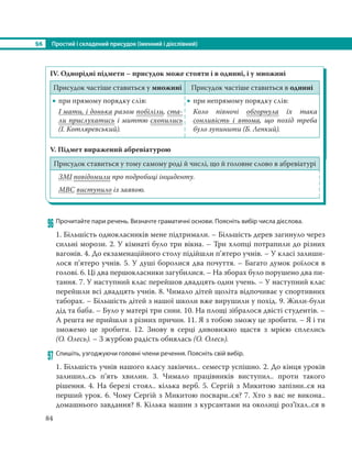§6 Простий і складений присудок (іменний і дієслівний)
84
IV. Однорідні підмети – присудок може стояти і в однині, і у множині
Присудок частіше ставиться у множині Присудок частіше ставиться в однині
 при прямому порядку слів:
І мати, і донька разом побіліли, ста-
ли прислухатись і миттю схопились
(І. Котляревський).
 при непрямому порядку слів:
Коло півночі обгорнула їх така
сонливість і втома, що похід треба
було зупинити (Б. Лепкий).
V. Підмет виражений абревіатурою
Присудок ставиться у тому самому роді й числі, що й головне слово в абревіатурі
ЗМІ повідомили про подробиці інциденту.
МВС виступило із заявою.
96 Прочитайте пари речень. Визначте граматичні основи. Поясніть вибір числа дієслова.
1. Більшість однокласників мене підтримали. – Більшість дерев загинуло через
сильні морози. 2. У кімнаті було три вікна. – Три хлопці потрапили до різних
вагонів. 4. До екзаменаційного столу підійшли п’ятеро учнів. – У класі залиши-
лося п’ятеро учнів. 5. У душі боролися два почуття. – Багато думок роїлося в
голові. 6. Ці два першокласники загубилися. – На зборах було порушено два пи-
тання. 7. У наступний клас перейшов двадцять один учень. – У наступний клас
перейшли всі двадцять учнів. 8. Чимало дітей щоліта відпочиває у спортивних
таборах. – Більшість дітей з нашої школи вже вирушили у похід. 9. Жили-були
дід та баба. – Було у матері три сини. 10. На площі зібралося двісті студентів. –
А решта не прийшли з різних причин. 11. Я з тобою зможу це зробити. – Я і ти
зможемо це зробити. 12. Знову в серці дивовижно щастя з мрією сплелись
(О. Олесь). – З журбою радість обнялась (О. Олесь).
97 Спишіть, узгоджуючи головні члени речення. Поясніть свій вибір.
1. Більшість учнів нашого класу закінчил.. семестр успішно. 2. До кінця уроків
залишил..сь п’ять хвилин. 3. Чимало працівників виступил.. проти такого
рішення. 4. На березі стоял.. кілька верб. 5. Сергій з Микитою запізни..ся на
перший урок. 6. Чому Сергій з Микитою посвари..ся? 7. Хто з вас не викона..
домашнього завдання? 8. Кілька машин з курсантами на околиці роз’їхал..ся в
 