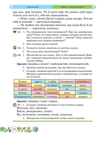 28
 Прикметник «Казка — це велике диво»
про нас, мов татуньо. Та й ноги тобі, бо кожен твій крок
тільки для того й є, аби ми гараздували.
— Отак, отак, лиско! Дуже славно, дуже мудро. Хто це
тебе й навчив! — вигукнув ведмідь.
— Ти щойно так втелющив вовкові, що куди було й не
навчитися, — відповіла лисичка.
44.	 1.	 Чи справдилися твої очікування? Про що домовилися
звірі? Чому, на твою думку, ведмідь загадав ділити здо-
бич спочатку вовкові, а потім — лисиці? Чому лисичка
вирішила все віддати ведмедеві?
	 2.	 Яка головна думка казки?
45.	 1.	 Складіть кілька запитань за змістом казки.
	 2.	 Чи стали звірі приятелями? Чому?
46.	 1.	 Прочитай ще раз казку. Чи є в ній прикметники? Добе-
ри і запиши прикметники до трьох виділених іменни-
ків (на вибір).
Зразок: ведмідь (який?) вайлуватий, неповороткий.
	 2.	 Запиши одним реченням, про що йдеться в казці.
	 3.	 Склади і запиши прислів’я за кольоровими підказками.
Випиши прикметники разом з іменниками, з якими во-
ни зв’язані.
В лиху друга і добру від вражого розрубаєш.
Міцну годину за гроші людину меду.
У друга дружбу пізнаєш не зіпсує.
Погана вода і сокирою вірну купиш.
Справжнього компанія солодша не людину.
Зразок: людина (яка?) вірна.
47.	 1.	 Склади і запиши речення зі слів кожного рядка.
Настала, ніч, місячна.
Квіти, розкрились, ніжні.
На, метелики, галявині, нічні, пурхали.
	 2.	 Підкресли спільнокореневі слова, познач будову.
 