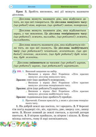 54
 Дієслово Поетичні перлинки
Крок 3. Зробіть висновок, які дії можуть називати
дієслова.
105.	 1.	 Виконай завдання на вибір.
	Випиши з вірша Лесі Українки «Літо краснеє
минуло» дієслова минулого часу.
Зразок: сніг (що зробив?) поморозив.
	Випиши з вірша Лесі Українки «Літо краснеє
минуло» дієслова теперішнього часу.
Зразок: діти (що роблять?) нарікають.
	Випиши з вірша Лесі Українки «Літо краснеє
минуло» дієслова майбутнього часу.
Зразок: годинонька (що зробить?) прийде.
	 2.	 Прочитай. Спиши прислів’я, у яких є дієслова теперіш-
нього часу.
1. На добрій землі що посієш, те і вродить. 2. У березні
сім погід надворі: сіє, віє, крутить, рве, зверху ллє, знизу
мете. 3. Колос повний до землі гнеться, а пустий догори
пнеться. 4. З вітром прийшло, за вітром і пішло. 5. Кому
місяць світить, тому й зорі посміхаються.
Дієслова можуть називати дію, яка відбулася до
того, як про неї говориться. Це дієслова минулого часу:
(що робив?) віяв, морозив, (що зробив?) завіяв, поморозив.
Дієслова можуть називати дію, яка відбувається
зараз, у час мовлення. Це дієслова теперішнього часу:
(що робить?) лежить, виглядає, (що роблять?) лежать,
виглядають.
Дієслова можуть називати дію, яка відбудеться піс-
ля того, як про неї скажуть. Це дієслова майбутнього
часу: (що робитиме?) чекатиме, зеленітиме, (що зро-
бить?) почекає, зазеленіє, (що буде робити?) буде чека-
ти, буде зеленіти.
Дієслова змінюються за часами: (що робив?) шукав,
(що робить?) шукає, (що робитиме?) шукатиме.
 