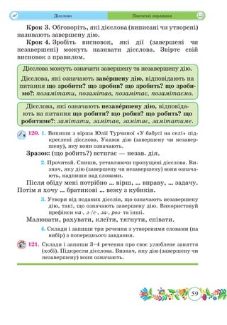 59
 Дієслово Поетичні перлинки
Крок 3.	 Обговоріть, які дієслова (виписані чи утворені)
називають завершену дію.
Крок 4.	Зробіть висновок, які дії (завершені чи
незавершені) можуть називати дієслова. Звірте свій
висновок з правилом.
120.	 1. Випиши з вірша Юлії Турчиної «У бабусі на селі» під-
креслені дієслова. Укажи дію (завершену чи незавер-
шену), яку вони означають.
Зразок: (що робить?) встигає — незав. дія.
	 2. Прочитай. Спиши, уставляючи пропущені дієслова. Ви-
знач, яку дію (завершену чи незавершену) вони означа-
ють, надпиши над словами.
Після обіду мені потрібно … вірш, … вправу, … задачу.
Потім я хочу … братикові … вежу з кубиків.
	 3. Утвори від поданих дієслів, що означають незавершену
дію, такі, що означають завершену дію. Використовуй
префікси на-, з-/с-, за-, роз- та інші.
Малювати, рахувати, клеїти, тягнути, співати.
	 4. Склади і запиши три речення з утвореними словами (на
вибір) з попереднього завдання.
121.	 Склади і запиши 3–4 речення про своє улюблене заняття
(хобі). Підкресли дієслова. Визнач, яку дію (завершену чи
незавершену) вони означають.
Дієслова можуть означати завершену та незавершену дію.
Дієслова, які означають завершену дію, відповідають на
питання що зробити? що зробив? що зробить? що зроби-
мо?: позамітати, позамітав, позамітає, позамітаємо.
Дієслова, які означають незавершену дію, відповіда-
ють на питання що робити? що робив? що робить? що
робитиме?: замітати, замітав, замітає, замітатиме.
 