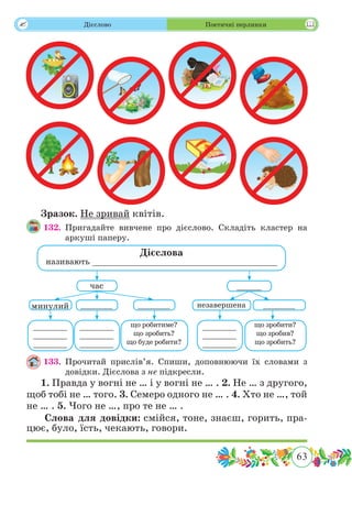 63
 Дієслово Поетичні перлинки
Зразок. Не зривай квітів.
132.	Пригадайте вивчене про дієслово. Складіть кластер на
аркуші паперу.
133.	Прочитай прислів’я. Спиши, доповнюючи їх словами з
довідки. Дієслова з не підкресли.
1. Правда у вогні не … і у вогні не … . 2. Не … з другого,
щоб тобі не … того. 3. Семеро одного не … . 4. Хто не …, той
не … . 5. Чого не …, про те не … .
Слова для довідки: смійся, тоне, знаєш, горить, пра-
цює, було, їсть, чекають, говори.
Дієслова
називають _____________________________________
_____час
_______ незавершенаминулий
_______
_______
_______
_______
_______
_______
_______
_______
_______
_______
що робитиме?
що зробить?
що буде робити?
_______
що зробити?
що зробив?
що зробить?
 