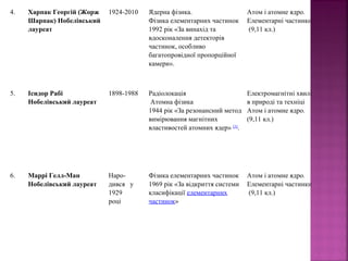4. Харпак Георгій (Жорж
Шарпак) Нобелівський
лауреат
1924-2010 Ядерна фізика.
Фізика елементарних частинок
1992 рік «За винахід та
вдосконалення детекторів
частинок, особливо
багатопровідної пропорційної
камери».
Атом і атомне ядро.
Елементарні частинки
(9,11 кл.)
5. Ісидор Рабі
Нобелівський лауреат
1898-1988 Радіолокація
Атомна фізика
1944 рік «За резонансний метод
вимірювання магнітних
властивостей атомних ядер» [3]
.
Електромагнітні хвилі
в природі та техніці
Атом і атомне ядро.
(9,11 кл.)
6. Маррі Гелл-Ман
Нобелівський лауреат
Наро-
дився у
1929
році
Фізика елементарних частинок
1969 рік «За відкриття системи
класифікації елементарних
частинок»
Атом і атомне ядро.
Елементарні частинки
(9,11 кл.)
 