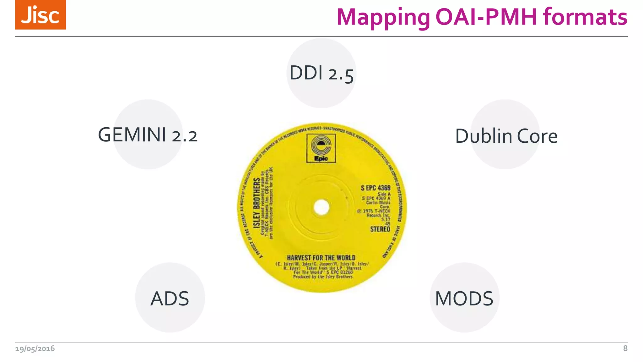 Mapping OAI-PMH formats
ADS
19/05/2016 8
Dublin Core
MODS
DDI 2.5
GEMINI 2.2