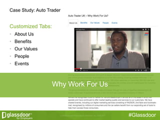 #Glassdoor
Customized Tabs:
• About Us
• Benefits
• Our Values
• People
• Events
Case Study: Auto Trader
Why Work For Us
 