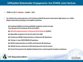 UKRepNet Stakeholder Engagement: the STARS Joint Venture
• STARS: [U of] ST Andrews – RepNet – SDLC
• An initiative for enhancing the U of St Andrews CRIS/IR Research Information Mgt System (i.e. PURE +
DSpace-based IR) according to the RepNet worklines:
∎ Enabling SWORD and testing SWORD-mediated content transfer
(into Research @ St Andrews IR & into PURE?)
∎ IRUS-UK implementation on Research @ St Andrews (PURE?)
∎ OpenAIRE compliance for the IR and/or the CRIS
∎ Preliminary RIOXX implementation on Research @ StAndrews
∎ Testing a 2-way CERIF/MODS-DC gateway
∎ ORCID implementation on PURE and Research @ StAndrews
∎ LOCKSS Service extension to OJS-based journals and IR content
∎ Proof of Concept for the RepNet Dashboard for monitoring OA mandate compliance
 