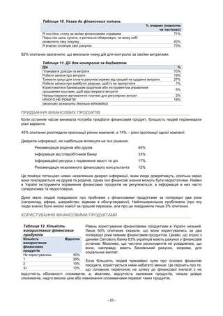 - 20 -
Таблиця 10. Увага до фінансових питань
% згодних (повністю
чи частково)
Я постійно стежу за моїми фінансовими справами 71%
Перш ніж щось купити, я ретельно обмірковую, чи можу собі
дозволити таку покупку 82%
Я вчасно сплачую свої рахунки 73%
82% опитаних зазначили, що виконали низку дій для контролю за своїми витратами.
Таблиця 11. Дії для контролю за бюджетом
Дія %
Планувати доходи та витрати 70%
Робити записи про витрати 19%
Тримати гроші для сплати рахунків окремо від грошей на щоденні витрати 27%
Робити записи про майбутні рахунки, щоб їх не пропустити 7%
Користуватися банківським додатком або інструментом управління
грошовими коштами, щоб відстежувати витрати
6%
Налаштовувати автоматичні платежі для регулярних витрат 2%
НІЧОГО НЕ РОБИТИ 18%
(можливо зазначити декілька відповідей)
ПРИДБАННЯ ФІНАНСОВИХ ПРОДУКТІВ
Коли останнім часом виникала потреба придбати фінансовий продукт, більшість людей порівнювали
різні варіанти.
45% опитаних розглядали пропозиції різних компаній, а 14% – різні пропозиції однієї компанії.
Джерела інформації, які найбільше вплинули на їхні рішення:
Рекомендація родичів або друзів 45%
Інформація від співробітників банку 33%
Інформаційні ресурси з порівняння якості та цін 17%
Рекомендація незалежного фінансового консультанта 15%
Це показує потенціал нових незалежних джерел інформації, яким люди довірятимуть, оскільки зараз
вони покладаються на друзів та родичів, однак їхні фінансові знання можуть бути недостатніми. Наявні
в Україні інструменти порівняння фінансових продуктів не регулюються, а інформація в них часто
суперечлива та недостовірна.
Дуже мало людей повідомили про проблеми з фінансовими продуктами за попередні два роки
(наприклад, афера, шахрайство, відмова в обслуговуванні). Найпоширенішою проблемою (про яку
люди знали) були високі комісії за грошові перекази, але про це повідомили лише 3% опитаних.
КОРИСТУВАННЯ ФІНАНСОВИМИ ПРОДУКТАМИ
Рівень користування фінансовими продуктами в Україні низький.
Лише 60% опитаних сказали, що вони користувались за два
попередні роки певним фінансовим продуктом. Цікаво, що згідно з
даними Світового банку 63% українців мають рахунок у фінансовій
установі. Можливо, що частина респондентів не усвідомлює, що
вони, насправді, мають банківський рахунок, зокрема, для
соціальних виплат.
Хоча більшість людей принаймні чули про основні фінансові
продукти, користуються ними набагато менше. Це свідчить про те,
що головною перепоною на шляху до фінансової інклюзії є не
відсутність обізнаності споживачів, а, можливо, відсутність належних продуктів, низька довіра
споживачів, надто висока ціна або невизнання споживачами переваг таких продуктів.
Таблиця 12. Кількість
використаних фінансових
продуктів
Кількість
використаних
фінансових
продуктів
Відсоток
Не користувались 40%
1 29%
2 19%
3+ 12%
 