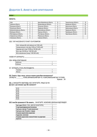 - 38 -
ДОДАТОК 5. АНКЕТА ДЛЯ ОПИТУВАННЯ
БЛОК 1
ОБЛАСТЬ:
Київ 1 Івано-Франківська область 10 Тернопільська область 19
Київська область 2 Кіровоградська область 11 Харківська область 20
Вінницька область 3 Луганська область 12 Херсонська область 21
Волинська область 4 Львівська область 13 Хмельницька область 22
Дніпропетровська область 5 Миколаївська область 14 Черкаська область 23
Донецька область 6 Одеська область 15 Чернівецька область 24
Житомирська область 7 Полтавська область 16 Чернігівська область 25
Закарпатська область 8 Рівненська область 17
Запорізька область 9 Сумська область 18
QD3. ТИП НАСЕЛЕНОГО ПУНКТУ ЗА РОЗМІРОМ
Село, селище або хутір (менше ніж 3 000 осіб) 1
Селище міського типу (від 3 000 до 15 000 осіб) 2
Невелике місто (від 15 000 до 100 000 осіб) 3
Місто (від 100 000 до 1 000 000 осіб) 4
Місто-мільйонник (понад 1 000 000 осіб) 5
НАЗВА НП (ЗАПИШІТЬ) _________________________
QD4. МОВА ОПИТУВАННЯ
Українська 1
Російська 2
Q1. ЗАПИШІТЬ СТАТЬ РЕСПОНДЕНТА
Чоловіча 1
Жіноча 2
Q2. Скажіть, будь ласка, скільки повних років Вам виповнилося?
ЗАПИШІТЬ _________РОКІВ (МІНІМАЛЬНИЙ ВІК=18, А МАКСИМАЛЬНИЙ ВІК 79 РОКІВ)
Відмова …99
Q2_a. ЗАКОДУЙТЕ ВІДПОВІДЬ АБО ЗАПИТАЙТЕ, ЯКЩО Q2=99
До якої з цих вікових груп Ви належите?
18-19 1
20-29 2
30-39 3
40-49 4
50-59 5
60-69 6
70-79 7
Q5 З ким Ви проживаєте? Ви живете… ЗАЧИТАЙТЕ. МОЖЛИВО ДЕКІЛЬКА ВІДПОВІДЕЙ.
Сам/ один [ЯКЩО «ТАК», ДАЛІ НЕ ЗАЧИТУЙТЕ] 1
З партнером/дружиною/чоловіком 2
З дітьми у віці до 17 років (включно) 3
З дітьми у віці 18 років і старше 4
З іншими дорослими родичами 5
З друзями, колегами 6
З іншими дорослими повнолітніми/ не родичами 7
ВІДМОВА 8
 