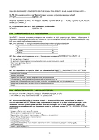 - 39 -
ЯКЩО Q5 НЕ ДОРІВНЮЄ 1 (ЯКЩО РЕСПОНДЕНТ НЕ МЕШКАЄ САМ), ЗАДАЙТЕ Q5_AD, ІНАКШЕ ПЕРЕХІД НА QF1_a.
Q5_AD. Скільки дорослих (віком від 18 років і старше) проживає разом з вами включаючи Вас?
ЗАПИШІТЬ_____________________ВІДМОВА….99
ЯКЩО Q5 ВІДМІЧЕНО 3 (ЯКЩО РЕСПОНДЕНТ МЕШКАЄ З ДІТЬМИ ВІКОМ ДО 17 РОКІВ), ЗАДАЙТЕ Q5_CH, ІНАКШЕ
ПЕРЕХОДЬТЕ НА QF1_A
Q5_ch. Скільки дітей у віці до 17 років проживають разом з Вами?
ЗАПИШІТЬ_____________________ВІДМОВА….99
БЛОК 2. ПЛАНУВАННЯ ФІНАНСІВ ТА УПРАВЛІННЯ НИМИ
ЗАЧИТАЙТЕ: Наступні запитання допоможуть нам зрозуміти, як люди планують свої фінанси і обмірковують їх.
Правильних чи неправильних відповідей на ці питання не існує, до того ж Ваші відповіді будуть цілком конфіденційні, тому,
будь ласка, надайте відповідь максимально точно.
QF1_a. Чи займаєтесь ви плануванням власних повсякденних і/чи регулярних витрат?
Так 1
Ні 2
НЕ ЗНАЮ 97
ВІДМОВА 99
QF1. А хто займається плануванням витрат у Вашому домогосподарстві? ІНТЕРВ'ЮЕР: ЗАЧИТАЙТЕ 1-3:
Ви самі приймаєте ці рішення 1
Ви приймаєте ці рішення разом з кимось іншим ( в чомусь ви, а в чомусь хтось інший) 2
Хтось інший приймає ці рішення 3
НЕ ЗНАЮ/НІХТО 97
ВІДМОВА 99
QF2. Що з переліченого на картці Ви робите для себе чи своєї сім’ї? КАРТКА 2. МОЖЛИВО ДЕКІЛЬКА ВІДПОВІДЕЙ.
Плануєте доходи та витрати 1
Записуєте свої витрати 2
Тримаєте гроші для сплати рахунків окремо від грошей на щоденні витрати 3
Робите записи про майбутні рахунки, щоб переконатися, що Ви не пропустите їх 4
Використовуєте банківський додаток або інструмент управління грошовими коштами, щоб відстежити витрати 5
Використовуєте/ налаштовуєте автоматичні платежі для регулярних витрат 6
НІЧОГО 7
БЛОК 3. АКТИВНЕ ЗАОЩАДЖЕННЯ ТА ФІНАНСОВІ ПОТРЯСІННЯ
ІНТЕРВ'ЮЕР, ЗАЧИТАЙТЕ, ЯКЩО РЕСПОНДЕНТ ПРОЖИВАЄ НЕ ОДИН, ЗГІДНО
З ПИТАННЯМ Q5: Тепер подумайте про себе, а не про вашу сім'ю...
QF3. Чи заощадили Ви [особисто] протягом останніх 12 місяців гроші будь-яким із перелічених на цій картці
способів, незалежно від того лишились у вас заощадження на даний час чи ні? Будь ласка, не враховуйте гроші,
заощаджені унаслідок перерахунків в пенсійний фонд, але подумайте про всі види заощаджень, скажімо, про
заощадження на чорний день або про відкладання грошей на особливий випадок. КАРТКА 3. МОЖЛИВО ДЕКІЛЬКА
ВІДПОВІДЕЙ.
Заощадив і зберігав готівку вдома або в гаманці 1
Зберігав гроші на <ощадному/депозитному> рахунку 2
Віддавав гроші комусь із родичів задля заощадження/збереження від вашого імені 3
Купував облігації або відкладав на строковий депозит 4
Інвестував в криптоактиви тощо 5
Інвестував у цінні папери та акції 6
Заощаджував або інвестував іншим способом, за винятком пенсійних внесків(можливо, вкладали в покупку худоби,
золота, майна, тощо)
7
НІЧОГО З ПЕРЕРАХОВАНОГО 8
 