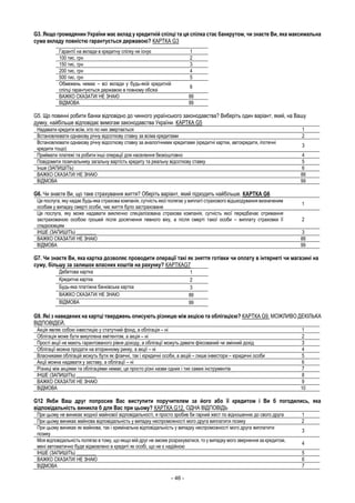 - 46 -
G3. Якщо громадянин України має вклад у кредитній спілці та ця спілка стає банкрутом, чи знаєте Ви, яка максимальна
сума вкладу повністю гарантується державою? КАРТКА G3
Гарантії на вклади в кредитну спілку не існує 1
100 тис. грн 2
150 тис. грн 3
200 тис. грн 4
500 тис. грн 5
Обмежень немає – всі вклади у будь-якій кредитній
спілці гарантуються державою в повному обсязі
6
ВАЖКО СКАЗАТИ/ НЕ ЗНАЮ 88
ВІДМОВА 99
G5. Що повинні робити банки відповідно до чинного українського законодавства? Виберіть один варіант, який, на Вашу
думку, найбільше відповідає вимогам законодавства України. КАРТКА G5
Надавати кредити всім, хто по них звертається 1
Встановлювати однакову річну відсоткову ставку за всіма кредитами 2
Встановлювати однакову річну відсоткову ставку за аналогічними кредитами (кредитні картки, автокредити, іпотечні
кредити тощо)
3
Приймати платежі та робити інші операції для населення безкоштовно 4
Повідомити позичальнику загальну вартість кредиту та реальну відсоткову ставку 5
Інше (ЗАПИШІТЬ) 6
ВАЖКО СКАЗАТИ/ НЕ ЗНАЮ 88
ВІДМОВА 99
G6. Чи знаєте Ви, що таке страхування життя? Оберіть варіант, який підходить найбільше. КАРТКА G6
Це послуга, яку надає будь-яка страхова компанія, сутність якої полягає у виплаті страхового відшкодування визначеним
особам у випадку смерті особи, чиє життя було застраховане
1
Це послуга, яку може надавати виключно спеціалізована страхова компанія, сутність якої передбачає отримання
застрахованою особою грошей після досягнення певного віку, а після смерті такої особи – виплату страховки її
спадкоємцям
2
ІНШЕ (ЗАПИШІТЬ) ________ 3
ВАЖКО СКАЗАТИ/ НЕ ЗНАЮ 88
ВІДМОВА 99
G7. Чи знаєте Ви, яка картка дозволяє проводити операції такі як зняття готівки чи оплату в інтернеті чи магазині на
суму, більшу за залишок власних коштів на рахунку? КАРТКАG7
Дебетова картка 1
Кредитна картка 2
Будь-яка платіжна банківська картка 3
ВАЖКО СКАЗАТИ/ НЕ ЗНАЮ 88
ВІДМОВА 99
G9. Які з наведених на картці тверджень описують різницю між акцією та облігацією? КАРТКА G9. МОЖЛИВО ДЕКІЛЬКА
ВІДПОВІДЕЙ.
Акція являє собою інвестицію у статутний фонд, а облігація – ні 1
Облігація може бути викуплена емітентом, а акція – ні 2
Прості акції не мають гарантованого рівня доходу, а облігації можуть давати фіксований чи змінний дохід 3
Облігації можна продати на вторинному ринку, а акції – ні 4
Власниками облігацій можуть бути як фізичні, так і юридичні особи, а акцій – лише інвестори – юридичні особи 5
Акції можна надавати у заставу, а облігації – ні 6
Різниці між акціями та облігаціями немає; це просто різні назви одних і тих самих інструментів 7
ІНШЕ (ЗАПИШІТЬ) ________ 8
ВАЖКО СКАЗАТИ/ НЕ ЗНАЮ 9
ВІДМОВА 10
G12 Якби Ваш друг попросив Вас виступити поручителем за його або її кредитом і Ви б погодились, яка
відповідальність виникла б для Вас при цьому? КАРТКА G12. ОДНА ВІДПОВІДЬ
При цьому не виникає жодної майнової відповідальності, я просто зробив би гарний жест по відношенню до свого друга 1
При цьому виникає майнова відповідальність у випадку неспроможності мого друга виплатити позику 2
При цьому виникає як майнова, так і кримінальна відповідальність у випадку неспроможності мого друга виплатити
позику
3
Моя відповідальність полягає в тому, що якщо мій друг не зможе розрахуватися, то у випадку мого звернення за кредитом,
мені автоматично буде відмовлено в кредиті як особі, що не є надійною
4
ІНШЕ (ЗАПИШІТЬ) ________ 5
ВАЖКО СКАЗАТИ/ НЕ ЗНАЮ 6
ВІДМОВА 7
 