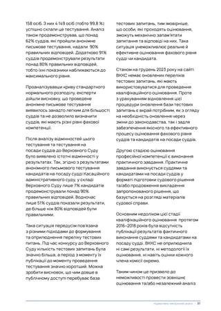 158 осіб. З них 4 149 осіб (тобто 99,8 %)
успішно склали це тестування. Аналіз
також продемонстрував, що понад
62% суддів, які пройшли анонімне
письмове тестування, надали 90%
правильних відповідей. Додатково 91%
суддів продемонстрували результати
понад 80% правильних відповідей,
тобто їхні показники наближаються до
максимального рівня.
Проаналізувавши криву стандартного
нормального розподілу, експерти
дійшли висновку, що проведене
анонімне письмове тестування
виявилось занадто легким для більшості
суддів та не дозволило визначити
суддів, які мають різні рівні фахової
компетенції.
Після аналізу відмінностей цього
тестування та тестування на
посади суддів до Верховного Суду
було виявлено істотні відмінності у
результатах. Так, згідно з результатами
анонімного письмового тестування
кандидатів на посаду судді Касаційного
адміністративного суду, у складі
Верховного Суду лише 7% кандидатів
продемонстрували понад 90%
правильних відповідей. Водночас
лише 51% суддів показали результати,
де більше ніж 80% відповідей були
правильними.
Така ситуація передусім пов’язана
з різними підходами до формування
та оприлюднення переліку тестових
питань. Під час конкурсу до Верховного
Суду кількість тестових запитань була
значно більша, а період з моменту їх
публікації до моменту проведення
тестування значно коротший. Можна
зробити висновок, що чим довше в
публічному доступі перебуває база
тестових запитань, тим імовірніше,
що особи, які проходять оцінювання,
зможуть механічно запам’ятати
запитання та відповіді на них. Така
ситуація унеможливлює реальне й
ефективне оцінювання фахового рівня
судді чи кандидата.
Станом на грудень 2023 року на сайті
ВККС немає оновлених переліків
тестових запитань, які мають
використовуватися для проведення
кваліфікаційного оцінювання. Проте
з урахуванням відновлення цієї
процедури оновлення бази тестових
запитань є вкрай потрібним, як з огляду
на необхідність оновлення через
зміни до законодавства, так і задля
забезпечення якісного та ефективного
процесу оцінювання фахового рівня
суддів та кандидатів на посади суддів.
Другою стадією оцінювання
професійної компетенції є виконання
практичного завдання. Практичне
завдання виконується суддями та
кандидатами на посади суддів у
форматі підготовки судового рішення
та/або продовження викладення
запропонованого рішення, що
базується на розгляді матеріалів
судової справи.
Основним недоліком цієї стадії
кваліфікаційного оцінювання протягом
2016–2018 років була відсутність
публікації результатів фактичного
виконання суддями та кандидатами на
посаду судді. ВККС не оприлюднила
ні самі результати, ні методології їх
оцінювання, ні навіть оцінки кожного
члена комісії окремо.
Таким чином це призвело до
неможливості провести зовнішнє
оцінювання та/або незалежний аналіз
Нормативно-емпіричний аналіз | 37
 