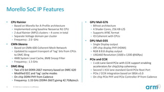 5 © 2020 Arm Limited (or its affiliates)
Morello SoC IP Features
• CPU Rainier
• Based on Morello for A-Profile architecture
• Implemented using baseline Neoverse N1 CPU
• 2 dual Rainier (MP2) clusters – 4 cores in total
• Separate Voltage domain per cluster
• Frequency : 2.0 GHz
• CMN-Skeena
• Based on CMN-600 Coherent Mesh Network
• Updated to support transport of ‘tag’ bits from CPUs
to DMC-Bing
• 4MB System Level Cache, 8MB Snoop Filter
• Frequency : 1.5 GHz
• DMC-Bing
• Two x72-bit DDR4-2667 memory based on DMC-620
• Modified ECC and ‘tag’ cache modes
• On chip DDR4 PHY from Cadence
• Frequency: 1.33 GHz (DDR4-2667) giving 42.7GBytes/s
• GPU Mali-G76
• Bifrost architecture
• 4 Shader Cores, 256 KB L2$
• Supports AFBC format
• IO Coherent with CPUs
• DPU Mali-D35
• Single Display output
• Off-chip display PHY (HDMI)
• RGB 8:8:8 display output
• UXGA60 Resolution (1600 x 1200 @60fps)
• PCIe and CCIX
• 1 x16 Lane Gen4 PCIe with CCIX support enabling
accelerators for chip2chip coherency
• Second 1 X16 lane standard Gen4 PCIe Root Port
• PCIe / CCIX integration based on SBSA v3.0
• On chip PCIe PHY and PCIe Controller IP from Cadence
 