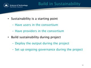 Build in Sustainability
•  Sustainability is a starting point
–  Have users in the consortium
–  Have providers in the consortium
•  Build sustainability during project
–  Deploy the output during the project
–  Set up ongoing governance during the project
14
 
