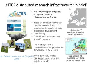 eLTER  distributed  research  infrastructure:  in  brief
•  Aim:  To  develop  an  integrated  
ecosystem  research  
infr...