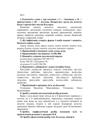 №11
1. Розподіліть слова у три колонки: у І — іменники; у II —
прикметники; у III — дієслова. Підкресліть третю від початку
букву і прочитайте вислів Плутарха.
Нецінний, запекти, веселість, звеселити, пшеничний,
опрацювати, дипломний, озеленити, команда, командувати, хвіст,
пальчики, вроджений, вродитися, ручний, працьовитий, загребти,
привід, привести, кавунище, вітряний, хлібина, ласощі, бровастий,
вітерець, лікарський, ельфи.
2. Від інфінітивів утворіть форми І особи однини і запишіть.
Визначте корінь слова.
їздити, мазати, пити, прати, сидіти, сідати, возити, водити, їсти,
радити, будити, гасити, платити, пустити, плескати, гладити.
3. Провідміняйте іменники: сесія, плащ, ягня.
4. Провідміняйте числівники: 11,100, 800.
5. Напишіть словами математичні вирази:
а) сума чисел дорівнює 987 456 173;
б) від 740 387 124 відняти 78;
в) скласти 13 із 639 194 356.
6. Перепишіть, вибираючи з дужок потрібну букву.
Ко(з,с)ьба, спові(д,т)ь, фаса(д,т), кла(д,т), ло(ж,ш)ка, ні(г,х)ті,
збли(з,с)ька, ри(б,п)ка, гри(з,с)ти, припові(д,т)ка, валі(з,с)ка,
о(з,с)ьде, во(г,х)кість, ма(ж,ш)те, ане(к,г)дот, слобі(д,т)ка, кі(г,х)ті,
стере(х,г)ти, ля(г,х)ти, ні(ж,ш)ка, ка(с,з)ка(д,т), тру(б,п)ка,
лі(ж,ш)ко, про(з,с)ьба, при(з,с)ьба, моло(д,т)ьба, пейза(ж,ш),
ши(б,п)ка.
7. Провідміняйте прізвище, ім'я, по батькові.
Устименко Валентин Миколайович, Устименко Ольга
Валентинівна.
8. Зробіть повний синтаксичний розбір речення.
Краса і сила рідної мови таїться не в її фонетичних перевагах і,
поготів, не в її привілейованому, зверхньому становищі супроти
інших мов, якщо це десь трапляється, а у здатності впливати на
почуття людини, будити в ній хороші благородні почуття,
змушувати бриніти найтонші струни людської душі (Б.Антоненко-
Давидович).
9. Зробіть морфологічний розбір іменників (2,3) та
прикметників речення із завдання № 8.
10. Зробіть фонетичний розбір слів: безладдя, міжгір'я.
 