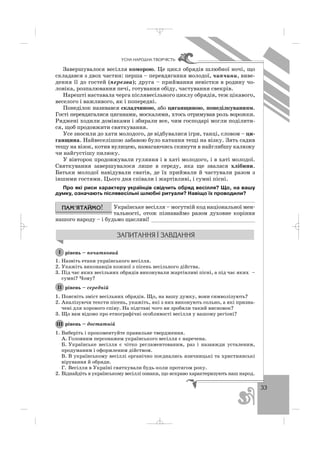 33
ÓÑÍÀ ÍÀÐÎÄÍÀ ÒÂÎÐ×²ÑÒÜ
Завершувалося весілля коморою. Це цикл обрядів шлюбної ночі, що
складався з двох частин: перша – перевдягання молодої, чипчини, виве
дення її до гостей (перезва); друга – приймання невістки в родину чо
ловіка, розпалювання печі, готування обіду, частування свекрів.
Нарешті наставала черга післявесільного циклу обрядів, теж цікавого,
веселого і важливого, як і попередні.
Понеділок називався складчиною, або циганщиною, понеділкуванням.
Гості перевдягалися циганами, москалями, хтось отримував роль ворожки.
Ряджені ходили домівками і збирали все, чим господарі могли поділити
ся, щоб продовжити святкування.
Усе зносили до хати молодого, де відбувалися ігри, танці, словом – ци
ганщина. Найвеселішою забавою було катання тещі на візку. Зять садив
тещу на візок, котив вулицею, намагаючись скинути в найглибшу калюжу
чи найгустішу пилюку.
У вівторок продовжували гуляння і в хаті молодого, і в хаті молодої.
Святкування завершувалося лише в середу, яка ще звалася хлібини.
Батьки молодої навідували сватів, де їх приймали й частували разом з
іншими гостями. Цього дня співали і жартівливі, і сумні пісні.
Про які риси характеру українців свідчить обряд весілля? Що, на вашу
думку, означають післявесільні шлюбні ритуали? Навіщо їх проводили?
Українське весілля – могутній код національної мен
тальності, отож пізнаваймо разом духовне коріння
нашого народу – і будьмо щасливі! ________________________________
рівень – початковий
1. Назвіть етапи українського весілля.
2. Укажіть виконавців кожної з пісень весільного дійства.
3. Під час яких весільних обрядів виконували жартівливі пісні, а під час яких –
сумні? Чому?
рівень – середній
1. Поясніть зміст весільних обрядів. Що, на вашу думку, вони символізують?
2. Аналізуючи тексти пісень, укажіть, які з них виконують сольно, а які призна
чені для хорового співу. На підставі чого ви зробили такий висновок?
3. Що вам відомо про етнографічні особливості весілля у вашому регіоні?
рівень – достатній
1. Виберіть і прокоментуйте правильне твердження.
А. Головним персонажем українського весілля є наречена.
Б. Українське весілля є чітко регламентованим, раз і назавжди усталеним,
продуманим і оформленим дійством.
В. В українському весіллі органічно поєднались язичницькі та християнські
вірування й обряди.
Г. Весілля в Україні святкували будь коли протягом року.
2. Віднайдіть в українському весіллі ознаки, що яскраво характеризують наш народ.
ІІІ
ІІ
І
_ _ _
 