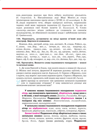 кон..юнктурна маячня про його нібито політичну діяльність
(Є. Сверстюк). 3. Письменниця леді Мері Монтег..ю стала
ініціаторкою щеплення проти віспи у ХVІІІ ст. (З календаря). 4. Де
П..яндж норовисто тече, збирає памірські потічки, жаринками
чорних очей мене чарували таджички (Д. Луценко). 5. Ур..юк по
садах розкинув свої біляві намети (І. Калянник). 6. Слово
«вольтер..янство» міцно увійшло до словників як синонім
вільнодумства, не обмеженого впливом влади і забобонами натовпу
(С. Грабовський).
144. Перепишіть, уставляючи на місці крапок м’який знак або
апостроф. Звіртеся зі словником.
Компан..йон, дистриб..ютор, кон..юктивіт, В..єтнам, Робесп..єр,
С..юзен, сен..йор, мес..є, інтерв..ю, вол..єр, квартир..єр,
еспан..йолка, гранул..ома, ад..ютант, ал..янс, бруцел..оз,
квінтил..йон, Мол..єр, Ам..єн, Ет..єн, ар..єрсцена, папіл..йотки,
мантил..я, ател..є, прес пап..є, лос..йон, об..єкт, грил..яж,
кабал..єро, кутюр..є, курт..є, кал..ян, сек..юриті, Рив..єра,
барел..єф, б..єф, ескадрил..я, вар..єте, гіл..йотина, бул..дог, тер..єр.
145. Прочитайте. Визначте слова іншомовного походження — власні
та загальні назви.
1. Де плив Одіссей із Ітаки, там золото впало в лиман (Д. Кремінь).
2. Облиш свої потуги, фарисею! Я пережив духовну одіссею, та до
джерел святих вернувся сам (А. Бортняк). 3. Сироко з Марокко, сухе
і гаряче, над морем і щоглами вороном кряче. Сироко з Марокко, що
сушить пустелі, проносить свій подих над хвилі і скелі (М. Гаско).
Дайте відповіді на запитання: чим зумовлене написання іншомовних
слів із подвоєними літерами? У чому виявляється різниця між
написанням власних і загальних назв?
У власних назвах іншомовного походження подвоєння
літер, що позначають приголосні, зберігається, якщо воно є
в тій мові, з якої походить слово: Діккенс, Голландія, Міссурі,
Марокко, Калькутта. Подвоєння зберігається також і в
похідних від них словах: діккенсівський, голландський,
марокканський, калькуттський.
У загальних назвах іншомовного походження подвоєння
літер не відбувається: клас, алея, каса, метал, тунель,
бравісимо, фортисимо, піанісимо, лібрето, інтермецо, бароко.
Запам’ятайте! Подвоєння літер зберігається лише в таких
загальних назвах: ванна, тонна, манна, мадонна, панна,
пенні, бонна, аннали, мотто, нетто, брутто, вілла, мулла,
булла, білль, дурра (назва рослини), мірра. Подвоєння
103
block_10_2010-12-05-2010-3.qxp 06.08.2010 20:58 Page 103
 