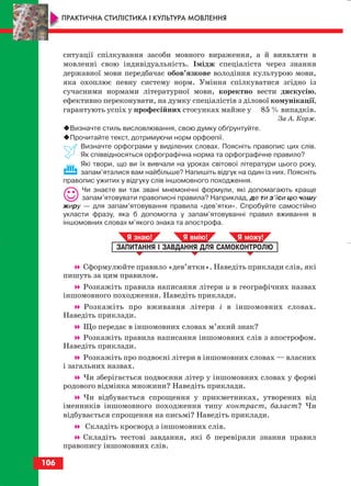 ситуації спілкування засоби мовного вираження, а й виявляти в
мовленні свою індивідуальність. Імідж спеціаліста через знання
державної мови передбачає обов’язкове володіння культурою мови,
яка охоплює певну систему норм. Уміння спілкуватися згідно із
сучасними нормами літературної мови, коректно вести дискусію,
ефективно переконувати, на думку спеціалістів з ділової комунікації,
гарантують успіх у професійних стосунках майже у 85 % випадків.
За А. Корж.
Визначте стиль висловлювання, свою думку обґрунтуйте.
Прочитайте текст, дотримуючи норм орфоепії.
Визначте орфограми у виділених словах. Поясніть правопис цих слів.
Як співвідносяться орфографічна норма та орфографічне правило?
Які твори, що ви їх вивчали на уроках світової літератури цього року,
запам’яталися вам найбільше? Напишіть відгук на один із них. Поясніть
правопис ужитих у відгуку слів іншомовного походження.
Чи знаєте ви так звані мнемонічні формули, які допомагають краще
запам’ятовувати правописні правила? Наприклад, де ти з’їси цю чашу
жиру — для запам’ятовування правила «дев’ятки». Спробуйте самостійно
укласти фразу, яка б допомогла у запам’ятовуванні правил вживання в
іншомовних словах м’якого знака та апострофа.
Сформулюйте правило «дев’ятки». Наведіть приклади слів, які
пишуть за цим правилом.
Розкажіть правила написання літери и в географічних назвах
іншомовного походження. Наведіть приклади.
Розкажіть про вживання літери і в іншомовних словах.
Наведіть приклади.
Що передає в іншомовних словах м’який знак?
Розкажіть правила написання іншомовних слів з апострофом.
Наведіть приклади.
Розкажіть про подвоєні літери в іншомовних словах — власних
і загальних назвах.
Чи зберігається подвоєння літер у іншомовних словах у формі
родового відмінка множини? Наведіть приклади.
Чи відбувається спрощення у прикметниках, утворених від
іменників іншомовного походження типу контраст, баласт? Чи
відбувається спрощення на письмі? Наведіть приклади.
Складіть кросворд з іншомовних слів.
Складіть тестові завдання, які б перевіряли знання правил
правопису іншомовних слів.
ЗАПИТАННЯ І ЗАВДАННЯ ДЛЯ САМОКОНТРОЛЮ
Я знаю! Я вмію! Я мож !
106
ПРАКТИЧНА СТИЛІСТИКА І КУЛЬТУРА МОВЛЕННЯ
block_10_2010-12-05-2010-3.qxp 06.08.2010 20:58 Page 106
 