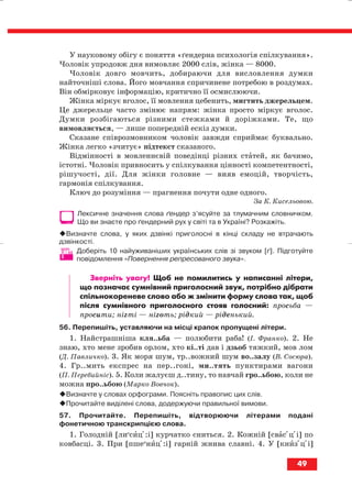 У науковому обігу є поняття «ґендерна психологія спілкування».
Чоловік упродовж дня вимовляє 2000 слів, жінка — 8000.
Чоловік довго мовчить, добираючи для висловлення думки
найточніші слова. Його мовчання спричинене потребою в роздумах.
Він обмірковує інформацію, критично її осмислюючи.
Жінка міркує вголос, її мовлення цебенить, мигтить джерельцем.
Це джерельце часто змінює напрям: жінка просто міркує вголос.
Думки розбігаються різними стежками й доріжками. Те, що
вимовляється, — лише попередній ескіз думки.
Сказане співрозмовником чоловік завжди сприймає буквально.
Жінка легко «зчитує» підтекст сказаного.
Відмінності в мовленнєвій поведінці різних статей, як бачимо,
істотні. Чоловік привносить у спілкування цінності компетентності,
рішучості, дії. Для жінки головне — вияв емоцій, творчість,
гармонія спілкування.
Ключ до розуміння — прагнення почути одне одного.
За К. Кисельовою.
Лексичне значення слова ґендер з’ясуйте за тлумачним словничком.
Що ви знаєте про ґендерний рух у світі та в Україні? Розкажіть.
Визначте слова, у яких дзвінкі приголосні в кінці складу не втрачають
дзвінкості.
Доберіть 10 найуживаніших українських слів зі звуком [ґ]. Підготуйте
повідомлення «Повернення репресованого звука».
Зверніть увагу! Щоб не помилитись у написанні літери,
що позначає сумнівний приголосний звук, потрібно дібрати
спільнокореневе слово або ж змінити форму слова так, щоб
після сумнівного приголосного стояв голосний: просьба —
просити; нігті — ніготь; рідкий — ріденький.
56. Перепишіть, уставляючи на місці крапок пропущені літери.
1. Найстрашніша кля..ьба — полюбити раба! (І. Франко). 2. Не
знаю, хто мене зробив орлом, хто кі..ті дав і дзьоб тяжкий, мов лом
(Д. Павличко). 3. Як моря шум, тр..вожний шум во..залу (В. Сосюра).
4. Гр..мить експрес на пер..гоні, ми..тять пунктирами вагони
(П. Перебийніс). 5. Коли жалуєш д..тину, то навчай гро..ьбою, коли не
можна про..ьбою (Марко Вовчок).
Визначте у словах орфограми. Поясніть правопис цих слів.
Прочитайте виділені слова, додержуючи правильної вимови.
57. Прочитайте. Перепишіть, відтворюючи літерами подані
фонетичною транскрипцією слова.
1. Голодній [лие
сиці:і] курчатко сниться. 2. Кожній [свасіціі] по
ковбасці. 3. При [пшеи
ниці:і] гарній жнива славні. 4. У [книзіціі]
49
block_10_2010-12-05-2010-3.qxp 06.08.2010 20:54 Page 49
 