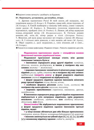 Виділені слова запишіть і розберіть за будовою.
81. Перепишіть, уставляючи, де потрібно, літери.
1. Древня праматінко Русь! Я твій закон..ий нащадок, що
українцем зовусь (Д. Білоус). 2. Україно, краю мій, пісне тополин..а!
(В. Сосюра). 3. Синій жайворон у синьому небі невід..ілимі і живуть
лише разом (В. Кордун). 4. Озвались голоском перепелин..им
відгомонілі, пройдені літа (Л. Тендюк). 5. Лимон..ий вітер задмухав
понад..ніпровий вечір (М. Вінграновський). 6. Сіється дощик
невпин..ий, осін..ій, вітер ридає в гіллі (Дніпрова Чайка).
7. Монотон..ий шум дощу заглушує всі сторон..і звуки (Ю. Збанаць
кий). 8. І стільки змін довкола, а світ незмін..ий наче (М. Луків).
9. Обрії кармін..і, далі журавлин..і, спів пташин..ий в сині…
(В. Сосюра).
Позначте в словах орфограму «Подвоєні літери». Поясніть правопис цих слів.
Подовження приголосних звуків — специфічна ознака
фонетичної системи української мови.
Подовжені приголосні завжди стоять між двома
голосними і можуть бути в:
•• іменниках середнього роду другої відміни: читання,
обличчя, колосся, роздоріжжя, а також у похідних від них
словах: життя — життєвий;
•• окремих іменниках чоловічого й жіночого роду першої
відміни: рілля, суддя, стаття та в похідних від них словах:
суддівський (зверніть увагу: у формі родового відмінка
множини статей подвоєння не відбувається);
•• формі орудного відмінка однини іменників жіночого
роду третьої відміни: сіллю, даллю, ніччю;
•• особових формах дієслова лити (ллю, ллється) та
похідних від нього дієслів: наллємо, поллють;
•• окремих прислівниках: спросоння, навмання, зрання,
попідтинню.
В іменниках середнього роду другої відміни подовження
відбувається в усіх непрямих відмінках, крім родового
множини: завданню, завданням, але завдань; обличчю,
обличчями, але облич.
Запам’ятайте! Не відбувається подовження приголосних
у формі орудного відмінка однини іменників третьої
відміни, якщо:
•• у кінці основи збігаються два або більше приголосних:
скатертю, жовчю, Керчю, нехворощю [нехворошч’у], шерстю;
•• іменник закінчується на губний звук [б], [п], [в], [м], [ф] або
[р] у називному відмінку однини: любов’ю, матір’ю.
65
block_10_2010-12-05-2010-3.qxp 06.08.2010 20:55 Page 65
 
