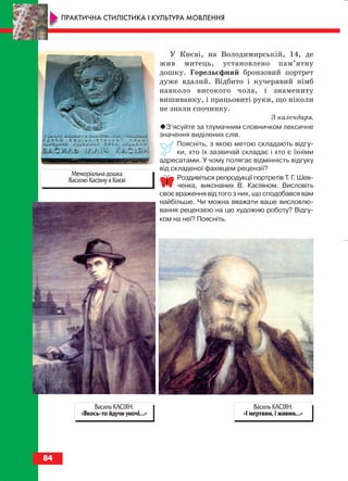 У Києві, на Володимирській, 14, де
жив митець, установлено пам’ятну
дошку. Горельєфний бронзовий портрет
дуже вдалий. Відбито і кучерявий німб
навколо високого чола, і знамениту
вишиванку, і працьовиті руки, що ніколи
не знали спочинку.
З календаря.
З’ясуйте за тлумачним словничком лексичне
значення виділених слів.
Поясніть, з якою метою складають відгу
ки, хто їх зазвичай складає і хто є їхніми
адресатами. У чому полягає відмінність відгуку
від складеної фахівцем рецензії?
Роздивіться репродукції портретів Т. Г. Шев
ченка, виконаних В. Касіяном. Висловіть
своє враження від того з них, що сподобався вам
найбільше. Чи можна вважати ваше висловлю
вання рецензією на цю художню роботу? Відгу
ком на неї? Поясніть.
84
ПРАКТИЧНА СТИЛІСТИКА І КУЛЬТУРА МОВЛЕННЯ
Василь КАСІЯН.
«І мертвим, і живим...»
Василь КАСІЯН.
«Якось то йдучи уночі...»
Меморіальна дошка
Василю Касіяну в Києві
block_10_2010-12-05-2010-3.qxp 06.08.2010 20:57 Page 84
 