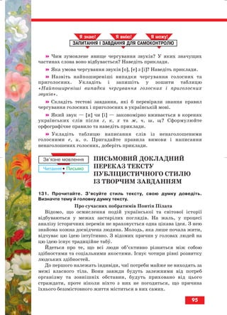 Чим зумовлене явище чергування звуків? У яких значущих
частинах слова воно відбувається? Наведіть приклади.
Яка умова чергування звуків [о], [е] з [і]? Наведіть приклади.
Назвіть найпоширеніші випадки чергування голосних та
приголосних. Укладіть і запишіть у зошити таблицю
«Найпоширеніші випадки чергування голосних і приголосних
звуків».
Складіть тестові завдання, які б перевіряли знання правил
чергування голосних і приголосних в українській мові.
Який звук — [и] чи [і] — закономірно вживається в коренях
українських слів після г, к, х та ж, ч, ш, щ? Сформулюйте
орфографічне правило та наведіть приклади.
Укладіть таблицю написання слів із ненаголошеними
голосними е, и, о. Пригадайте правила вимови і написання
ненаголошених голосних, доберіть приклади.
ПИСЬМОВИЙ ДОКЛАДНИЙ
ПЕРЕКАЗ ТЕКСТУ
ПУБЛІЦИСТИЧНОГО СТИЛЮ
ІЗ ТВОРЧИМ ЗАВДАННЯМ
131. Прочитайте. З’ясуйте стиль тексту, свою думку доведіть.
Визначте тему й головну думку тексту.
Про сучасних побратимів Понтія Пілата
Відомо, що осмислення подій української та світової історії
відбуваються у межах застарілих поглядів. На жаль, у процесі
аналізу історичних перемін не враховується одна цікава ідея. З нею
знайома кожна досвідчена людина. Молодь, яка лише почала жити,
відчуває цю ідею інтуїтивно. З відомих причин у головах людей на
цю ідею існує традиційне табу.
Йдеться про те, що всі люди об’єктивно різняться між собою
здібностями та соціальними якостями. Існує чотири рівні розвитку
людських здібностей.
До першого належать індивіди, чиї потреби майже не виходять за
межі власного тіла. Вони завжди будуть залежними від потреб
організму та зовнішніх обставин, будуть приховано від цього
страждати, проте ніколи ніхто з них не погодиться, що причина
їхнього беззмістовного життя міститься в них самих.
ЗАПИТАННЯ І ЗАВДАННЯ ДЛЯ САМОКОНТРОЛЮ
Я знаю! Я вмію! Я мож !
95
block_10_2010-12-05-2010-3.qxp 06.08.2010 20:58 Page 95
 