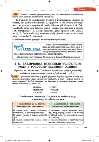 ф
2 5 8 І. Спишіть речення, розкриваючи дужки. Над іменниками II відміни над­
пишіть їхній відмінок. Обґрунтуйте написання.
1. І вишні по садк(ам,ах) стояли з рушниками, чекали на
сватів, які давно вже йшли (Є. Гуцало). 2. На землю по зоря­
них сход(ах,ам) задуманий вечір зійшов (В . Сосюра). 3. Гей,
Іван(у,е), пора нам сідлати коня і збиратись мерщій у дорогу
(М . Петренко). 4. (Дощ) пахучим день промок (М . Стель­
м ах). 5. Синє небо над зеленим (гай) рідний край вітає з доб­
рим (урожай) (В . Сосюра).
II. Виділений іменник розберіть як частину мови (письмово).
< 5 а
Якось Сашко спостерігав за грою в шахи
двох дівчаток-шестикпасниць. Коли одна з
І Т АК€ БУВАЄ них опинилася в скрутному становищі, Саш­
ко підказав правильний хід: «Ходити коро­
леві». Дівчинка пішла королевою і ... одразу програла.
Поміркуйте, чому програла дівчинка, хоча Сашко підказав правильно.
Ф
§ 31. ЗАКІНЧЕННЯ ІМЕННИКІВ ЧОЛОВІЧОГО
РОДУ В РОДОВОМУ ВІДМІНКУ однини
Про те, які іменники I I відміни чоловічого роду в родовому
відмінку мають закінчення -а (-я ), а які - -у (-ю )
* 2 5 9 Прочитайте іменники у формі родового відмінка однини. Слова якої
колонки означають назви конкретних предметів, а якої - збірних понять чи
явищ природи? Зробіть висновок, які іменники в родовому відмінку однини
мають закінчення -а, а які - -у.
екрана
самоката
піджака
гурту
туману
грому
Закінчення іменників II відміни чоловічого роду
в родовому відмінку однини
Закінчення -а(-я) мають
іменники, які означають:
Закінчення -у(-ю ) мають
іменники, які означають:
а) назви осіб, імена, прізвища:
товариша, Мороза (прізвище);
б) назви тварин і дерев: ведмедя,
дуба-,
в) назви предметів: ножа, воза,
малюнка;
а) речовину, масу, матеріал: азо­
ту, меду, борщу, піску; АЛЕ хліба;
б) збірні поняття: ансамблю, лісу,
гаю, полку;
в) назви кущових і трав’янистих
рослин: барвінку, звіробою;
ф
103
фZabolotnyj_UM ukr_P_6ukr_(105-13)_V.indd 103 28.05.2014 12:50:49
 