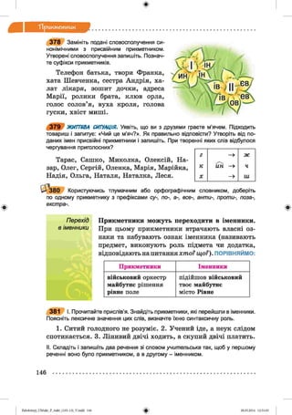 ф
ф
ТТрикм етж ж
3 7 8 Замініть подані словосполучення си­
нонімічними з присвійним прикметником.
Утворені словосполучення запишіть. Познач­
те суфікси прикметників.
Телефон батька, твори Франка,
хата Шевченка, сестра Андрія, ха­
лат лікаря, зошит дочки, адреса
Марії, ролики брата, клюв орла,
голос солов’я, вуха кроля, голова
гуски, хвіст миші.
3 7 9 І ЖИТТЄВА СИТУАЦІЯ. Уявіть, що ви з друзями граєте м’ячем. Підходить
товариш і запитує: «Чий це м’яч?». Як правильно відповісти? Утворіть від по­
даних імен присвійні прикметники і запишіть. При творенні яких слів відбулося
чергування приголосних?
Тарас, Сашко, Миколка, Олексій, На­
зар, Олег, Сергій, Оленка, Марія, Марійка,
Надія, Ольга, Наталя, Наталка, Леся.
г —» Л ІЛ
шПЬ
к йн —» ч
X -> ш
Ц *380 Користуючись тлумачним або орфографічним словником, доберіть
по одному прикметнику з префіксами су-, по-, а-, все-, анти-, проти-, поза-,
екстра-.
Перехід Прикметники можуть переходити в іменники.
в ім енники При цьому прикметники втрачають власні оз­
наки та набувають ознак іменника (називають
предмет, виконують роль підмета чи додатка,
відповідають на питання х т о ? щ о?). ПОРІВНЯЙМО:
Прикметники Іменники
військовий оркестр
майбутнє рішення
рівне поле
підійшов військовий
твоє майбутнє
місто Рівне
Ф
381 І. Прочитайте прислів’я. Знайдіть прикметники, які перейшли в іменники.
Поясніть лексичне значення цих слів, визначте їхню синтаксичну роль.
1. Ситий голодного не розуміє. 2. Учений іде, а неук слідом
спотикається. 3. Лінивий двічі ходить, а скупий двічі платить.
II. Складіть і запишіть два речення зі словом учительська так, щоб у першому
реченні воно було прикметником, а в другому - іменником.
146
ФZabolotnyj_UM ukr_P_6ukr_(105-13)_V.indd 146 28.05.2014 12:51:03
 