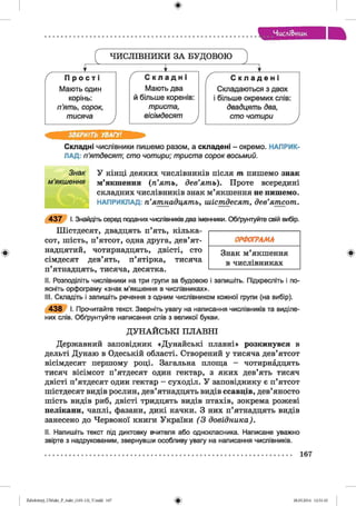 ф
Числівник
ф
ЧИ СЛІВН И КИ ЗА БУДОВОЮ
Г П р о с т і 1 С к л а д н і ґ С к л а д е н і
Мають один Мають два Складаються з двох
корінь: Йбільше коренів: і більше окремих слів:
п’ять, сорок, триста, двадцять два,
тисяча у вісімдесят у сто чотири 1
ЗВЕРНІТЬ УВАГУ!
Складні числівники пишемо разом, а складені - окремо. НАПРИК'
ЛАД: п’ятдесят; сто чотири; триста сорок восьмий.
Знак У кінці деяких числівників після т пишемо знак
м’якшення м’якшення (п ’ять, дев’ять). Проте всередині
складних числівників знак м’якшення не пишемо.
НАПРИКЛАД: п’ятнадцять, шістдесят, дев’ятсот.
4 3 7 І. Знайдіть серед поданих числівників два іменники. Обґрунтуйте свій вибір.
Шістдесят, двадцять п’ять, кілька­
сот, шість, п’ятсот, одна друга, дев’ят­
надцятий, чотирнадцять, двісті, сто
сімдесят дев’ять, п’ятірка, тисяча
п’ятнадцять, тисяча, десятка.
II. Розподіліть числівники на три групи за будовою і запишіть. Підкресліть і по­
ясніть орфограму «знак м’якшення в числівниках».
III. Складіть і запишіть речення з одним числівником кожної групи (на вибір).
4 3 8 І. Прочитайте текст. Зверніть увагу на написання числівників та виділе­
них слів. Обґрунтуйте написання спів з великої букви.
Д УН АЙ СЬКІ П Л А В Н І
Державний заповідник «Дунайські плавні» розкинувся в
дельті Дунаю в Одеській області. Створений у тисяча дев’ятсот
вісімдесят першому році. Загальна площа - чотирнадцять
тисяч вісімсот п’ятдесят один гектар, з яких дев’ять тисяч
двісті п’ятдесят один гектар —суходіл. У заповіднику є п’ятсот
шістдесят видів рослин, дев’ятнадцять видів ссавців, дев’яносто
шість видів риб, двісті тридцять видів птахів, зокрема рожеві
пелікани, чаплі, фазани, дикі качки. З них п’ятнадцять видів
занесено до Червоної книги України (3 довідника).
II. Напишіть текст під диктовку вчителя або однокласника. Написане уважно
звірте з надрукованим, звернувши особливу увагу на написання числівників.
................................................................................................................................................ 167
ОРФОГРАМА
Знак м’якшення
в числівниках
Ф
ФZabolotnyj_UM ukr_P_6ukr_(105-13)_V.indd 167 28.05.2014 12:51:10
 