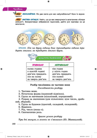 ф
Числі&иик
чають?
ПОСПІЛКУЙТЕСЯ. Які два свята для вас найулюбленіші? Коли їх відзна-
4 8 3 ЖИТТЄВА СИТУАЦІЯ. Уявіть, що до вас звернулися із запитанням «Котра
година?». Використавши зображення годинників, дайте усні відповіді на це
запитання.
ЗРАЗОК. П ів на другу годину дня; тринадцята година три­
дцять хвилин; за тридцять хвилин друга.
КУЛЬТУРАг МО'ЬЛРИИЯ
ПРАВИЛЬНО НЕПРАВИЛЬНО
сьома година
о шостій годині
дев’ята тридцять
пів на сьому
за чверть дев’ята
сім годин
у шість годин
дев’ять тридцять
пів сьомої
за чверть дев’ять
Розбір числівника як частини мови
Послідовність розбору
1. Частина мови.
2. Початкова форма (називний відмінок).
3. Група за значенням (кількісний, порядковий).
4. Розряд за значенням (для кількісних: ціле число, дробо­
вий, збірний).
5. Група за будовою (простий, складний, складений).
6. Відмінок.
7. Рід, число (якщо є).
8. Синтаксична роль.
Зразок усного розбору
Три дні минуло, а лелеки не з’являлись (Ю. Збанацький).
180
ФZabolotnyj_UM ukr_P_6ukr_(105-13)_V.indd 180 28.05.2014 12:51:15
 