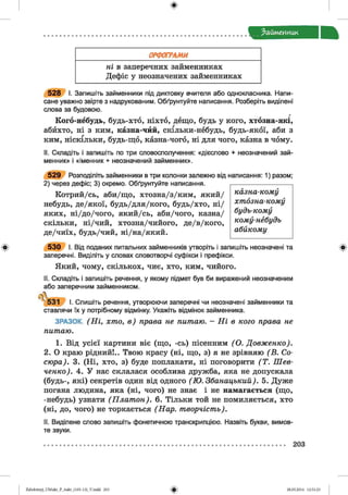 Займенник
ОРФОГРАМИ
ні в заперечних займенниках
Дефіс у неозначених займенниках
5 2 8 І. Запишіть займенники під диктовку вчителя або однокласника. Напи­
сане уважно звірте з надрукованим. Обґрунтуйте написання. Розберіть виділені
слова за будовою.
г
Когб-небудь, будь-хто, ніхто, дещо, будь у кого, хтозна-які,
абйхто, ні з ким, казна-чйй, скільки-небудь, будь-якої, аби з
ким, ніскільки, будь-що, казна-чого, ні для чого, казна в чому.
II. Складіть і запишіть по три словосполучення: «дієслово + неозначений зай­
менник» і «іменник + неозначений займенник».
5 2 9 Розподіліть займенники в три колонки залежно від написання: 1) разом;
2) через дефіс; 3) окремо. Обґрунтуйте написання.
Котрий/сь, аби/що, хтозна/з/ким, який/
небудь, де/якої, будь/для/кого, будь/хто, ні/
яких, ні/до/чого, який/сь, аби/чого, казна/
скільки, ні/чий, хтозна/чийого, де/в/кого,
де/чиїх, будь/чий, ні/на/який.
казна-кому
хтозна-кому
будь-кому
кому-небудь
абйкому
5 3 0 І. Від поданих питальних займенників утворіть і запишіть неозначені та
заперечні. Виділіть у словах словотворчі суфікси і префікси.
Який, чому, скількох, чиє, хто, ким, чийого.
II. Складіть і запишіть речення, у якому підмет був би виражений неозначеним
або заперечним займенником.
у 531 І. Спишіть речення, утворюючи заперечні чи неозначені займенники та
ставлячи їх у потрібному відмінку. Укажіть відмінок займенника.
ЗРАЗОК. (Н і, хто, в ) права не питаю. - Н і в кого права не
питаю.
1. Від усієї картини віє (що, -сь) пісенним (О . Довженко).
2. О краю рідний!.. Твою красу (ні, що, з) я не зрівняю (В . Со­
сюра). 3. (Ні, хто, з) буде поплакати, ні поговорити (Т . Ш ев­
ченко). 4. У нас склалася особлива дружба, яка не допускала
(будь-, які) секретів один від одного (Ю .Збанацький). 5. Дуже
погана людина, яка (ні, чого) не знає і не намагається (що,
-небудь) узнати (П лат он). 6. Тільки той не помиляється, хто
(ні, до, чого) не торкається (Нар. творчість).
II. Виділене слово запишіть фонетичною транскрипцією. Назвіть букви, вимов­
те звуки.
203
Zabolotnyj_UM ukr_P_6ukr_(105-13)_V.indd 203 28.05.2014 12:51:23
 