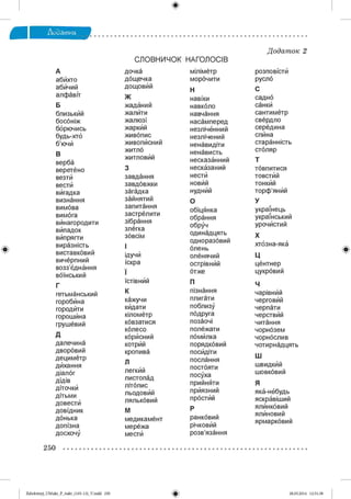 ф
ф
Додаток 2
СЛОВНИЧОК НАГОЛОСІВ
А
абихто
абичий
алфавіт
Б
близький
босоніж
борючись
будь-хто
б’ючи
В
верба
веретено
везти
вести
вигадка
визнання
вимова
вимога
винагородити
випадок
випрягти
виразність
виставковий
вичерпний
возз’єднання
воїнський
Г
гетьманський
горобина
городити
горошина
грушевий
Д
далечина
дворовий
дециметр
дихання
діалог
дщів
діточки
дітьми
довести
довідник
донька
допізна
досхочу
дочка
дощечка
дощовий
Ж
жаданий
жалити
жалюзі
жаркий
живопис
живописний
житло
житловий
З
завдання
завдовжки
загадка
зайнятий
запитання
застрелити
зібрання
злегка
зовсім
І
ідучи
юкра
Ї
їстівний
К
кажучи
кидати
кілометр
ковзатися
колесо
корисний
котрий
кропива
Л
легкий
листопад
літопис
льодовий
ляльковий
М
медикамент
мережа
мести
міліметр
морочити
Н
навіки
навколо
навчання
насамперед
незліченний
незлічений
ненавидіти
ненависть
несказанний
несказаний
нести
новий
нудний
О
обіцянка
обрання
обруч
одинадцять
одноразовий
олень
оленячий
острівний
отже
П
пізнання
плигати
поблизу
подруга
позаочі
полежати
помилка
порядковий
посидіти
послання
постояти
посуха
прийняти
приязний
простий
Р
ранковий
річковий
розв’язання
розповісти
русло
С
садно
санки
сантиметр
свердло
середина
спина
старанність
столяр
Т
товпитися
товстий
тонкий
торф’яний
У
українець
український
урочистий
Х
хтозна-яка
Ц
центнер
цукровий
Ч
чарівний
черговий
черпати
черствий
читання
чорнозем
чорнослив
чотирнадцять
Ш
швидкий
шовковий
Я
яка-нЄбудь
яскравіший
ялинковий
ялиновий
ярмарковий
ф
250
ФZabolotnyj_UM ukr_P_6ukr_(105-13)_V.indd 250 28.05.2014 12:51:38
 