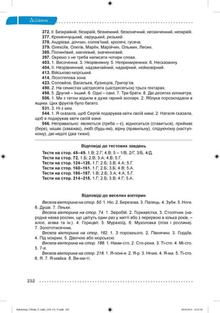 ф
372. ІІ. Безкрайній, безкраїй, безмежний, безконечний, нескінченний, неокраїй.
377. Кременчуцький, овруцький, ризький.
378. Андрієва, доччин, солов’їний, кролячі, гусяча.
379. Олексіїв, Олегів, Маріїн, Марійчин, Ольжин, Лесин.
385. Полиновий, магнієвий, значеннєвий.
397. Окремо з не треба написати чотири слова.
403. 1. Височенна. 3. Незрівнянну. 5. Непримиренних. 6. Несказанну.
404. ІІ. Незрівнянний, надзвичайний, надмірний, неймовірний.
413. Військово-морський.
414. Лісостепова зона.
423. Соловйов, Васильєв, Кузнецов, Григор’єв.
490. 2. На семистах шістдесяти (шістдесятьох) трьох гектарах.
498. 5. Другий - інший. 6. Одні - самі. 7. Три брати. 8. Дві десятих кілометра.
506. 1. Ми з татом ходили вдуже гарний зоопарк. 2. Яблука порозкладали в
ящики. Цих фруктів було багато.
531. 3. Ні з ким.
544. 1. Я сказала, щоб Сергій подарував квіти своїй мамі. 2. Наталя сказала,
щоб я подарував квіти своїй мамі.
566. Неправильно: являється (треба - є), відноситься (ставиться), приймає
(бере), мішає (заважає), любі (будь-які), вірну (правильну), слідуючому (наступ­
ному), дві неділі (два тижні).
Відповіді до тестових завдань
Тести на стор. 48-49. 1.В; 2.Г; 4.В; 5 - 1/В, 2/Г, 3/Б, 4/Д.
Тести на стор. 72. 1.Б; 2.В; 3.А; 4.В; 5.Г
Тести на стор. 124-125. 1.Г; 2.Б; 3.В; 4.А; 5.Г
Тести на стор. 160-161. 1.Г; 2.Б; 3.Б; 4.В; 5.А.
Тести на стор. 186-187. 1.В; 2.Б; 3.А; 4.А; 5.Г.
Тести на стор. 214-215. 1.Г; 2.Б; 3.В; 4.Г; 5.А.
Відповіді до веселих вікторин
Весела вікторина на стор. 50. 1. Ніс. 2. Березова. 3. Палець. 4. Зуби. 5. Ноги.
6. Душа. 7. Ліньки.
Весела вікторина на стор. 74. 1. Звіробій. 2. Горихвістка. 3. Столітник (на­
родна назва рослин, що цвітуть один раз у житті або з перервою в кілька років, -
алое, агава та ін.). 4. Горицвіт. 5. Мурахоїд. 6. Мухоловка (птах і рослина).
7. Золототисячник.
Весела вікторина на стор. 162. 1. З порожнього. 2. Півнячим. 3. Гордіїв.
4. Під мокрим. 5. Дівочою або морською.
Весела вікторина на стор. 188. 1. Нами-сто. 2. Сто-рона. 3. Ті-сто. 4. Мі-сто.
5. 7-я.
Весела вікторина на стор. 216. 1. Я-поні-я. 2. Я-р. 3. Нічия. 4. Я-ми. 5. Ті-сто.
6. Я. 7. Я-майка. 8. Ви-ми-ті.
252
ФZabolotnyj_UM ukr_P_6ukr_(105-13)_V.indd 252 28.05.2014 12:51:39
 
