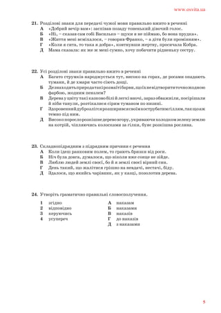 21. Розділові знаки для передачі чужої мови правильно вжито в реченні
А «Добрий вечір вам»: заспівав позаду тоненький дівочий голос.
Б «Ні, – сказав сам собі Василько – щуки я не піймаю, бо вона прудка».
В «Життя мені всміхалося, – говорив Франко, – а діти були промінням».
Г «Коли я сита, то така я добра», ковтнувши жертву, просичала Кобра.
Д Мама сказала: як же ж мені сумно, хочу побачити рідненьку сестру.
22. Усі розділові знаки правильно вжито в реченні
А Багато струмків народжується тут, високо на горах, де росами опадають
тумани, й де хмари часто сіють дощі.
Б Дезнаходитьприродатакірозмаїтібарви,щоїхневідтворититочножодною
фарбою, жодним пензлем?
В Деревауцвітутакіказковобілійлегківночі,заразобважніли,посірішали
й ніби танули, розтікалися сірим туманом по низині.
Г Здоровеннийдуброзлігсярозширивсясвоїмкострубатимгіллям,такщоаж
темно під ним.
Д Високопорослорозкішнедеревовгору,укриваючихолодкомзеленуземлю
на котрій, чіпляючись колосками за гілки, буяє розкішна рослина.
23. Складнопідрядним з підрядним причини є речення
А Коли ідеш ранковим полем, то грають бризки від роси.
Б Ніч була довга, думалося, що ніколи вже сонце не зійде.
В Люблю людей землі своєї, бо й я землі своєї вірний син.
Г День такий, що жалітися грішно на невдачі, нестачі, біду.
Д Здалося, що якийсь чарівник, як у казці, позолотив дерева.
24. Утворіть граматично правильні словосполучення.
1 згідно
2 відповідно
3 керуючись
4 усупереч
А наказам
Б наказами
В наказів
Г до наказів
Д з наказами
www.osvita.ua
5
 