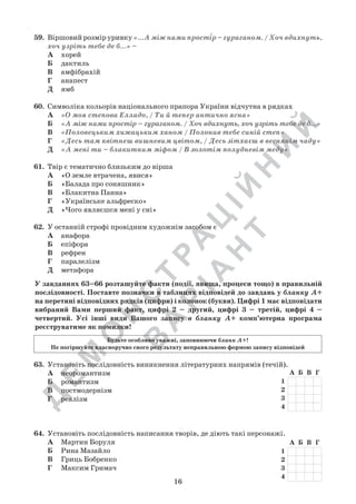 Д
Е
М
О
Н
С
Т
Р
А
Ц
ІЙ
Н
И
Й
В
А
Р
ІА
Н
Т
16
59.	 Віршовий розмір уривку «...А між нами простір – гураганом. / Хоч вдихнуть,
хоч узріть тебе де б…» –
А	 хорей
Б	 дактиль
В	 амфібрахій
Г	 анапест
Д	 ямб
60.	 Символіка кольорів національного прапора України відчутна в рядках
А	 «О моя степова Елладо, / Ти й тепер антично ясна»
Б	 «А між нами простір – гураганом. / Хоч вдихнуть, хоч узріть тебе де б…»
В	 «Половецьким хижацьким ханом / Полонив тебе синій степ»
Г	 «Десь там квітнеш вишневим цвітом, / Десь зітхаєш в веснянім чаду»
Д	 «А мені ти – блакитним міфом / В золотім полудневім меду»
61.	 Твір є тематично близьким до вірша
А	 «О земле втрачена, явися»
Б	 «Балада про соняшник»
В	 «Блакитна Панна»
Г	 «Українське альфреско»
Д	 «Чого являєшся мені у сні»
62.	 У останній строфі провідним художнім засобом є
А	 анафора
Б	 епіфора
В	 рефрен
Г	 паралелізм
Д	 метафора
У завданнях 63–66 розташуйте факти (події, явища, процеси тощо) в правильній
послідовності. Поставте позначки в таблицях відповідей до завдань у бланку А+
на перетині відповідних рядків (цифри) і колонок (букви). Цифрі 1 має відповідати
вибраний Вами перший факт, цифрі 2 – другий, цифрі 3 – третій, цифрі 4 –
четвертий. Усі інші види Вашого запису в бланку А+ комп’ютерна програма
реєструватиме як помилки!
Будьте особливо уважні, заповнюючи бланк А+!
Не погіршуйте власноручно свого результату неправильною формою запису відповідей
63.	 Установіть послідовність виникнення літературних напрямів (течій).
А	 неоромантизм
Б	 романтизм
В	 постмодернізм
Г	 реалізм
64.	 Установіть послідовність написання творів, де діють такі персонажі.
А	 Мартин Боруля
Б	 Рина Мазайло
В	 Гриць Бобренко
Г	 Максим Гримач
 