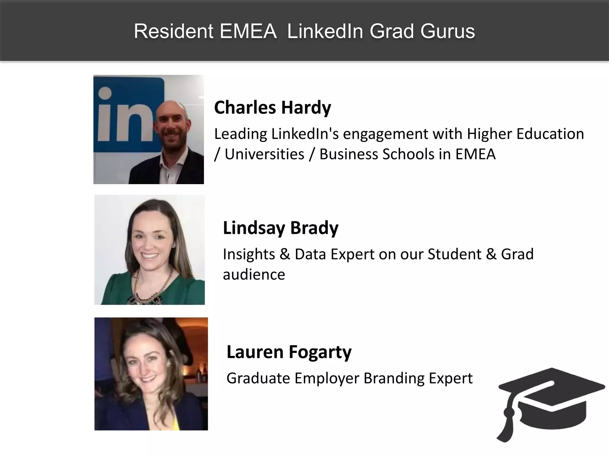 Resident EMEA LinkedIn Grad Gurus
Charles Hardy
Leading LinkedIn's engagement with Higher Education
/ Universities / Business Schools in EMEA
Lindsay Brady
Insights & Data Expert on our Student & Grad
audience
Lauren Fogarty
Graduate Employer Branding Expert
 