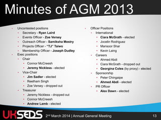 132nd March 2014 | Annual General Meeting
Minutes of AGM 2013
• Uncontested positions
• Secretary - Ryan Laird
• Events Officer - Zoe Versey
• Outreach Officer - Samiksha Mestry
• Projects Officer - “TJ” Taiwo
• Membership Officer - Joseph Dudley
• Exec positions
• Chair
• Connor McCreesh
• Jeremy Nickless - elected
• Vice-Chair
• Jim Sadler - elected
• Reetham Singh
• Zoe Versey - dropped out
• Treasurer
• Jeremy Nickless - dropped out
• Connor McCreesh
• Andrew Lamb - elected
• Officer Positions
• International
• Ciara McGrath - elected
• Jocelin Rodriguez
• Mansoor Shar
• Kevin Laing
• Careers
• Ahmed Abdi
• Ciara McGrath - dropped out
• Georgina Coles (by proxy) - elected
• Sponsorship
• Peter Chingaipe
• Ahmed Abdi - elected
• PR Officer
• Alex Dawn - elected
 