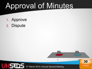 142nd March 2014 | Annual General Meeting
Approval of Minutes
1 2
0%0%
1. Approve
2. Dispute
Countdown
30
 
