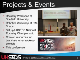 52nd March 2014 | Annual General Meeting
• Rocketry Workshop at
Sheffield University
• Robotics Workshop at RAL
Space
• Set up UKSEDS National
Rocketry Championship
• Created resources for
branches to run rocketry
projects
• This conference
Projects & Events
 