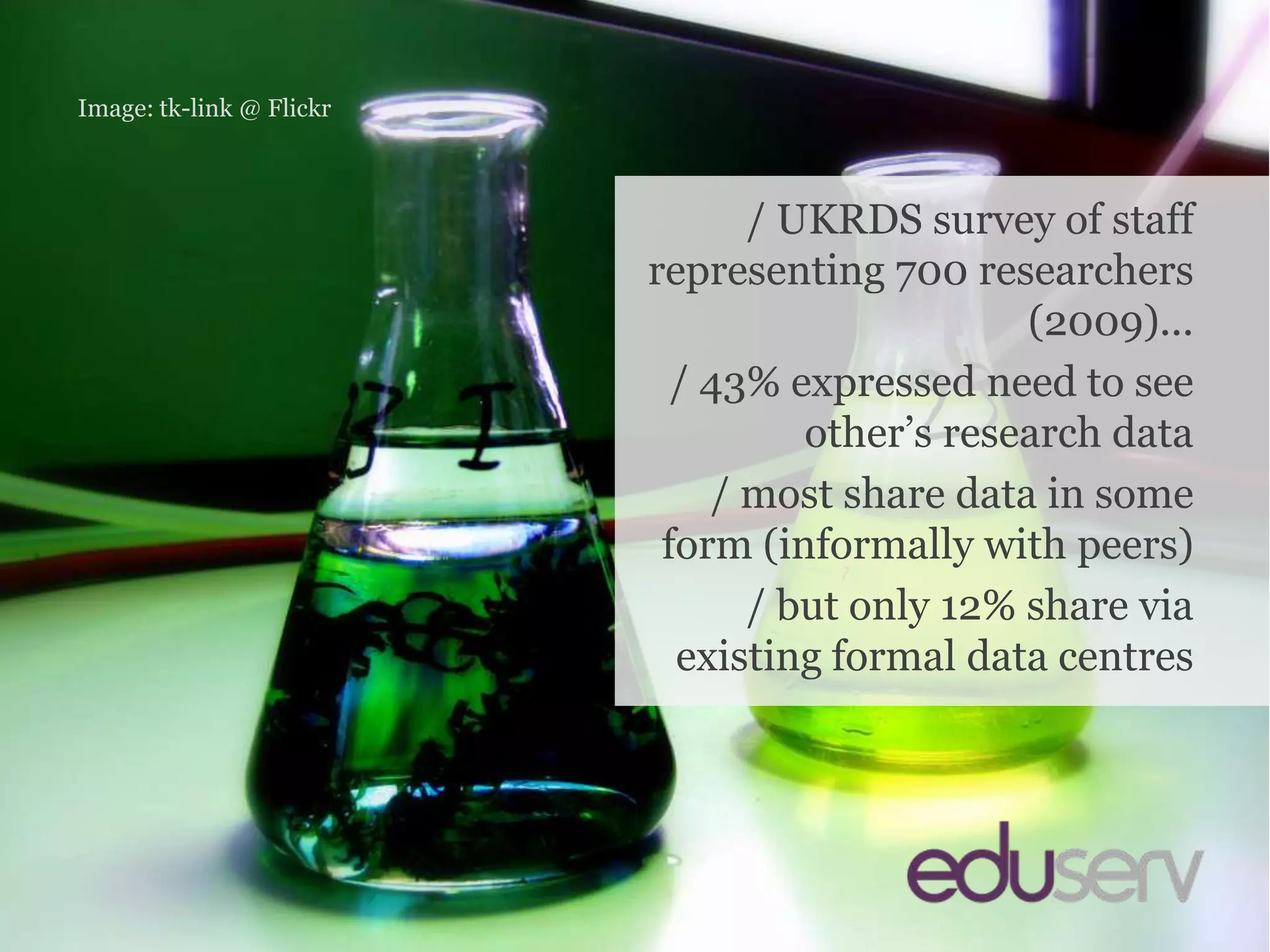 Openness aside (1)Image: tk-link @ Flickr/ UKRDS survey of staff representing 700 researchers (2009).../ 43% expressed need to see other’s research data/ most share data in some form (informally with peers)/ but only 12% share via existing formal data centres