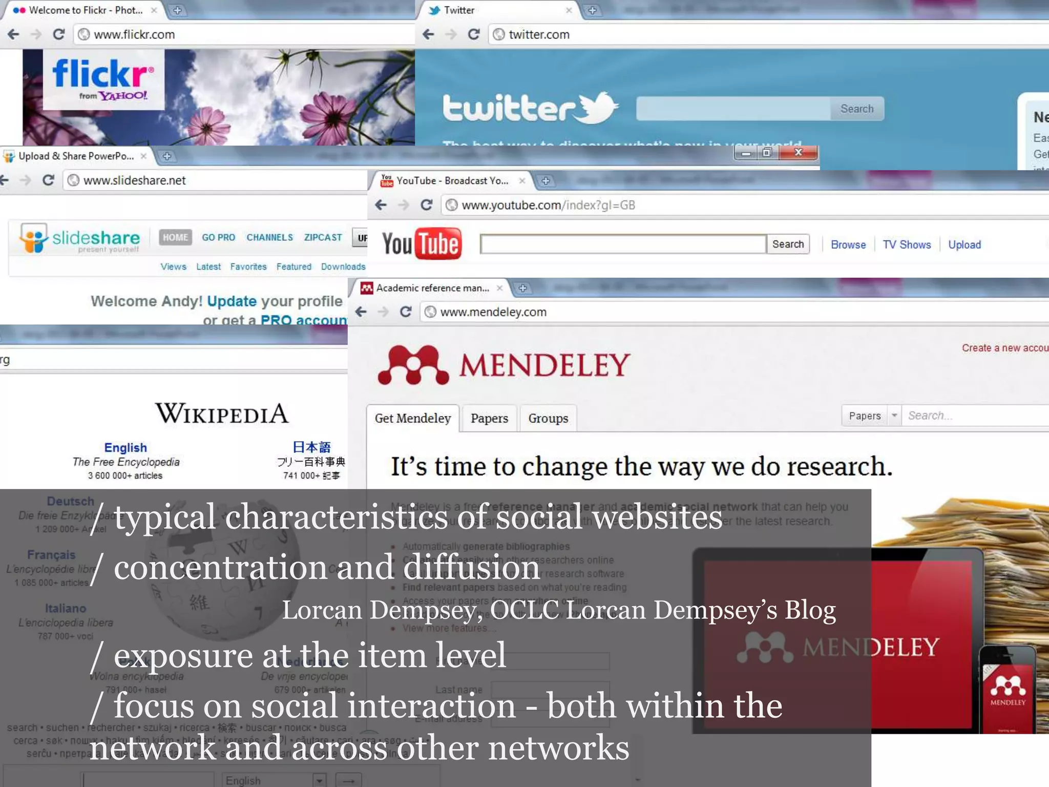 The social web/ typical characteristics of social websites/ concentration and diffusionLorcan Dempsey, OCLC Lorcan Dempsey’s Blog/ exposure at the item level/ focus on social interaction - both within the network and across other networks