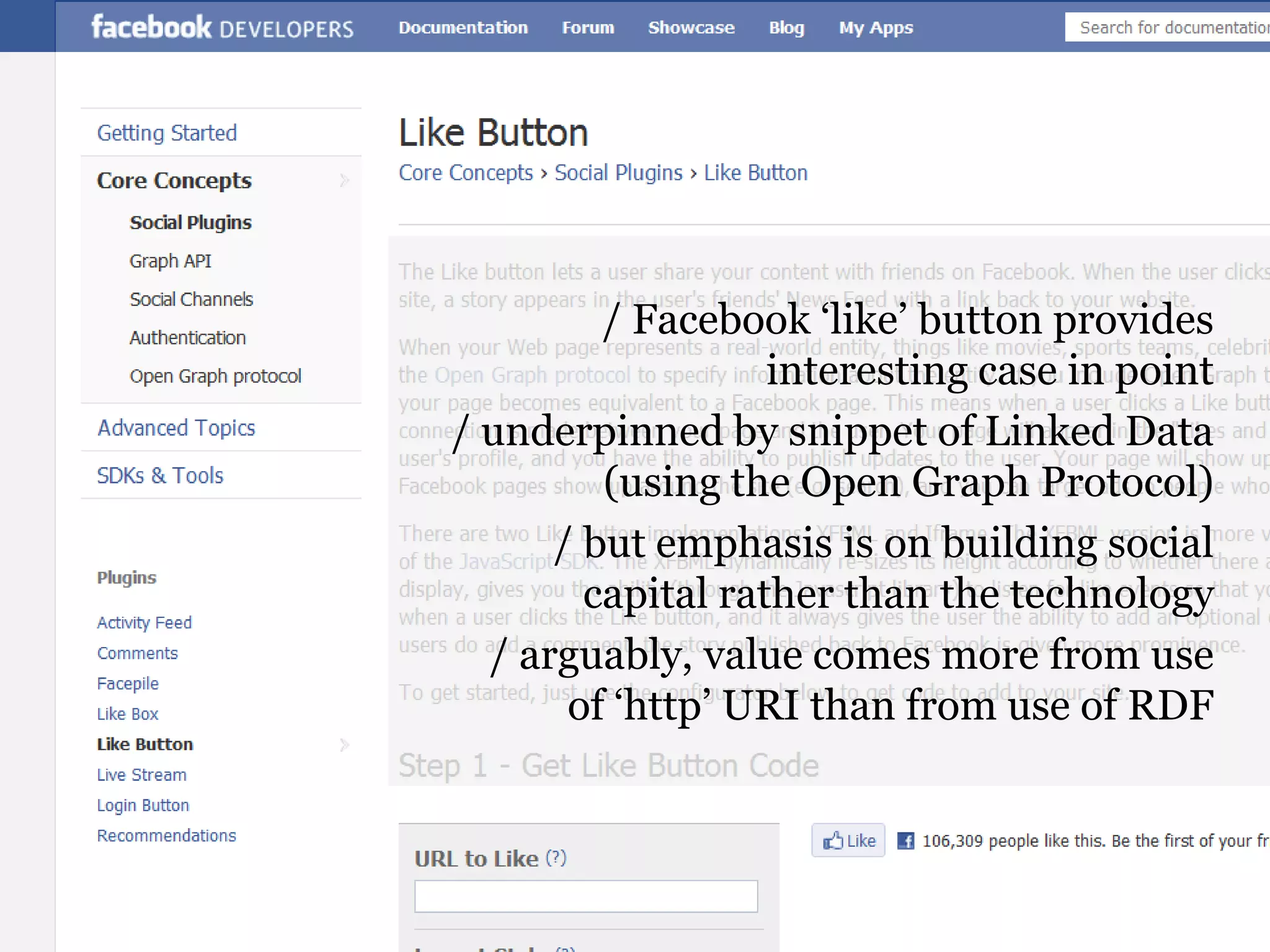 Facebook ‘like’ button/ Facebook ‘like’ button provides interesting case in point/ underpinned by snippet of Linked Data (using the Open Graph Protocol)/ but emphasis is on building social capital rather than the technology/ arguably, value comes more from use of ‘http’ URI than from use of RDF