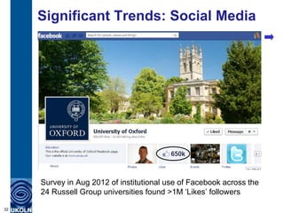 Significant Trends: Social Media




     Survey in Aug 2012 of institutional use of Facebook across the
     24 Russell Group universities found >1M „Likes‟ followers

32
 