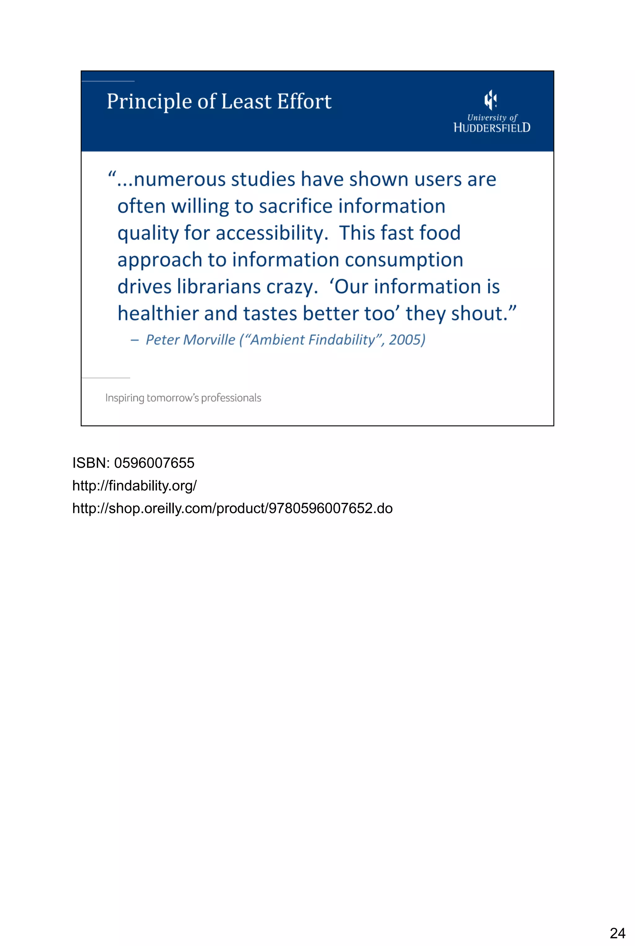 ISBN: 0596007655
http://findability.org/
http://shop.oreilly.com/product/9780596007652.do




                                                   24
 