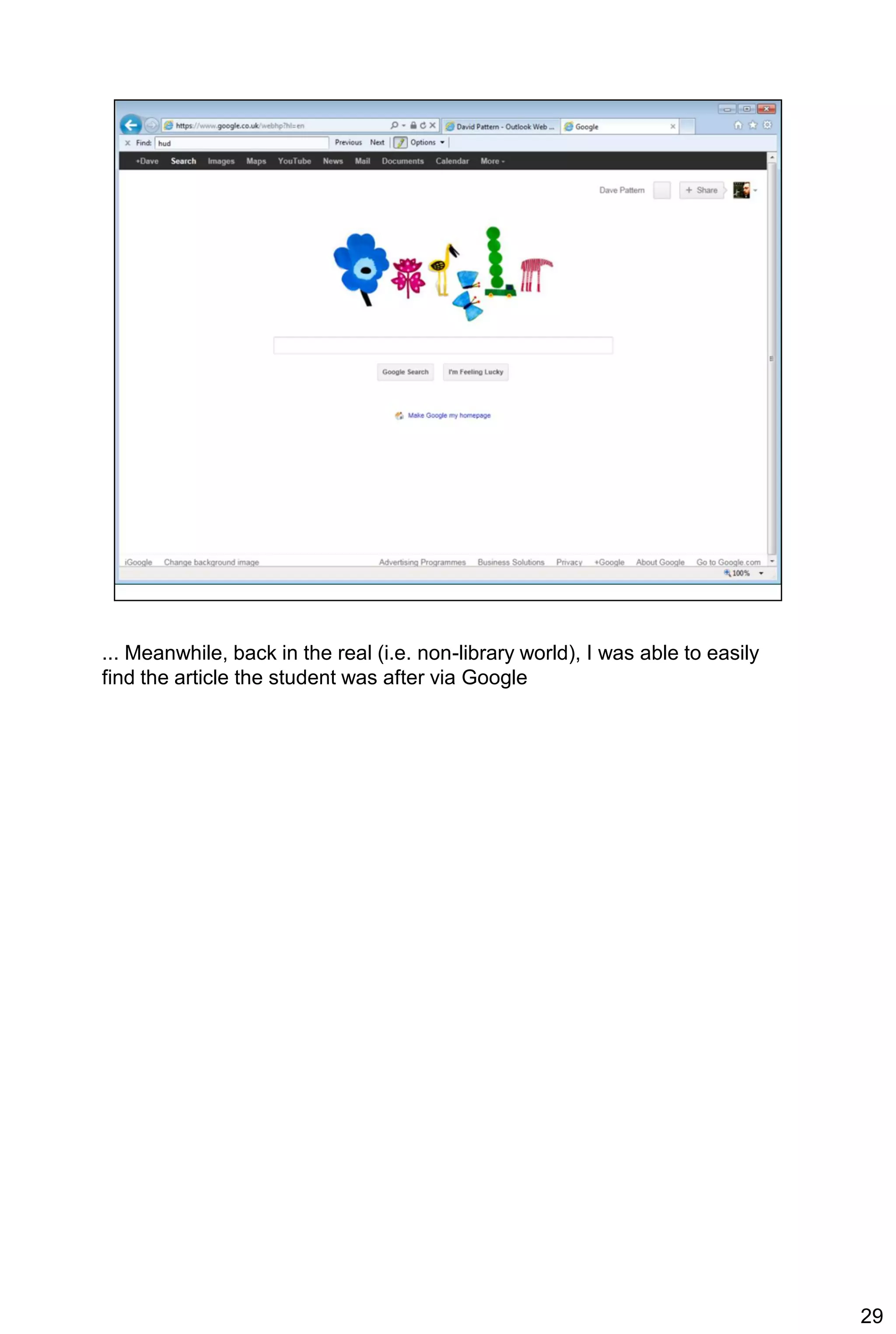 ... Meanwhile, back in the real (i.e. non-library world), I was able to easily
find the article the student was after via Google




                                                                                 29
 