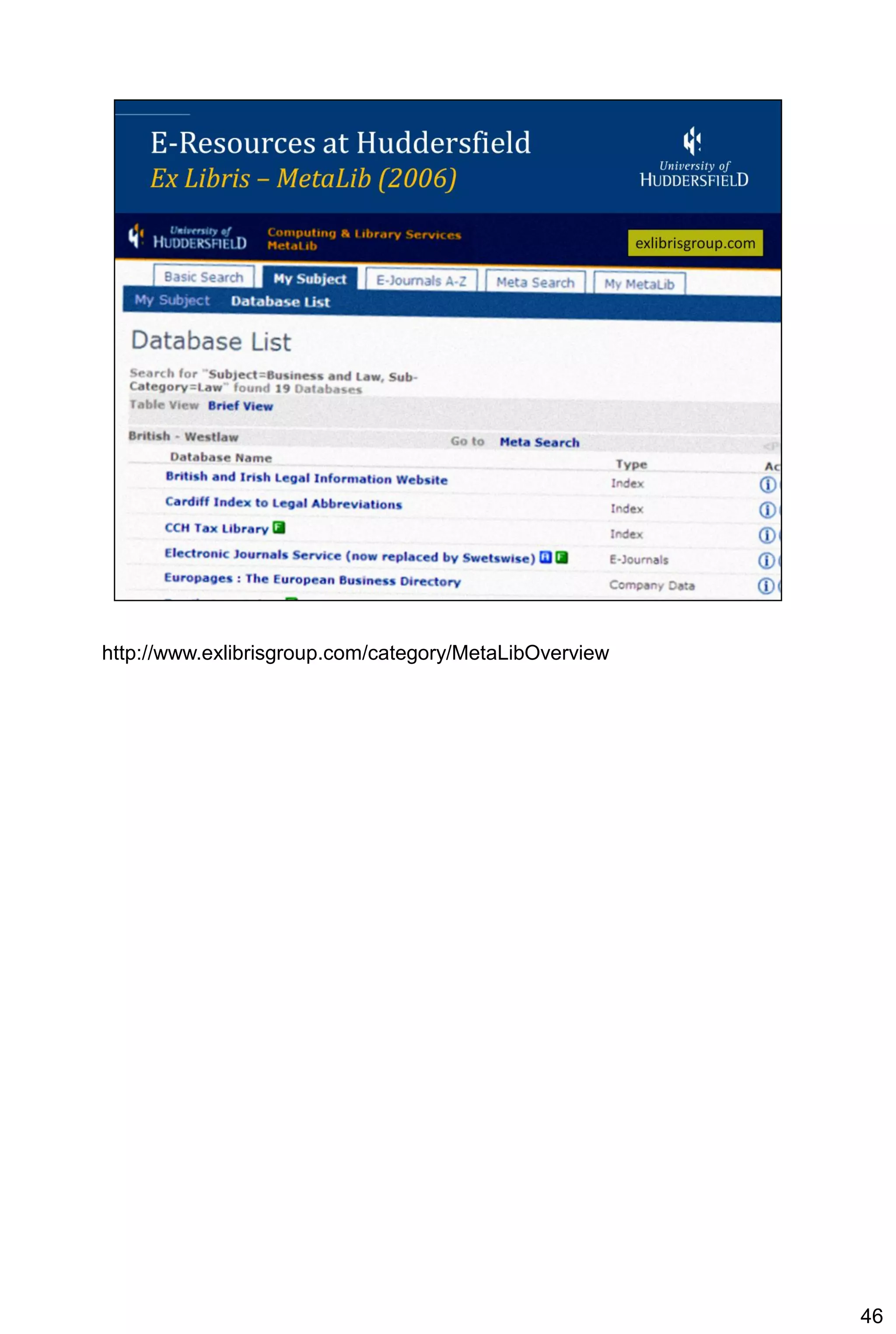 http://www.exlibrisgroup.com/category/MetaLibOverview




                                                        46
 