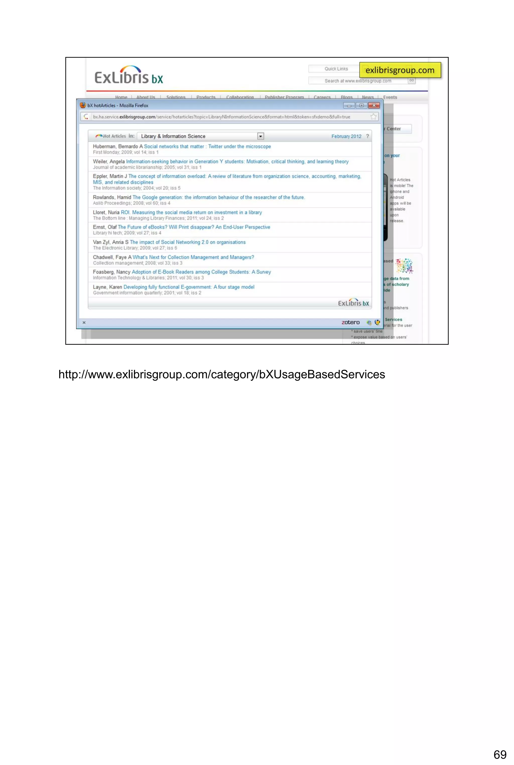 http://www.exlibrisgroup.com/category/bXUsageBasedServices




                                                             69
 