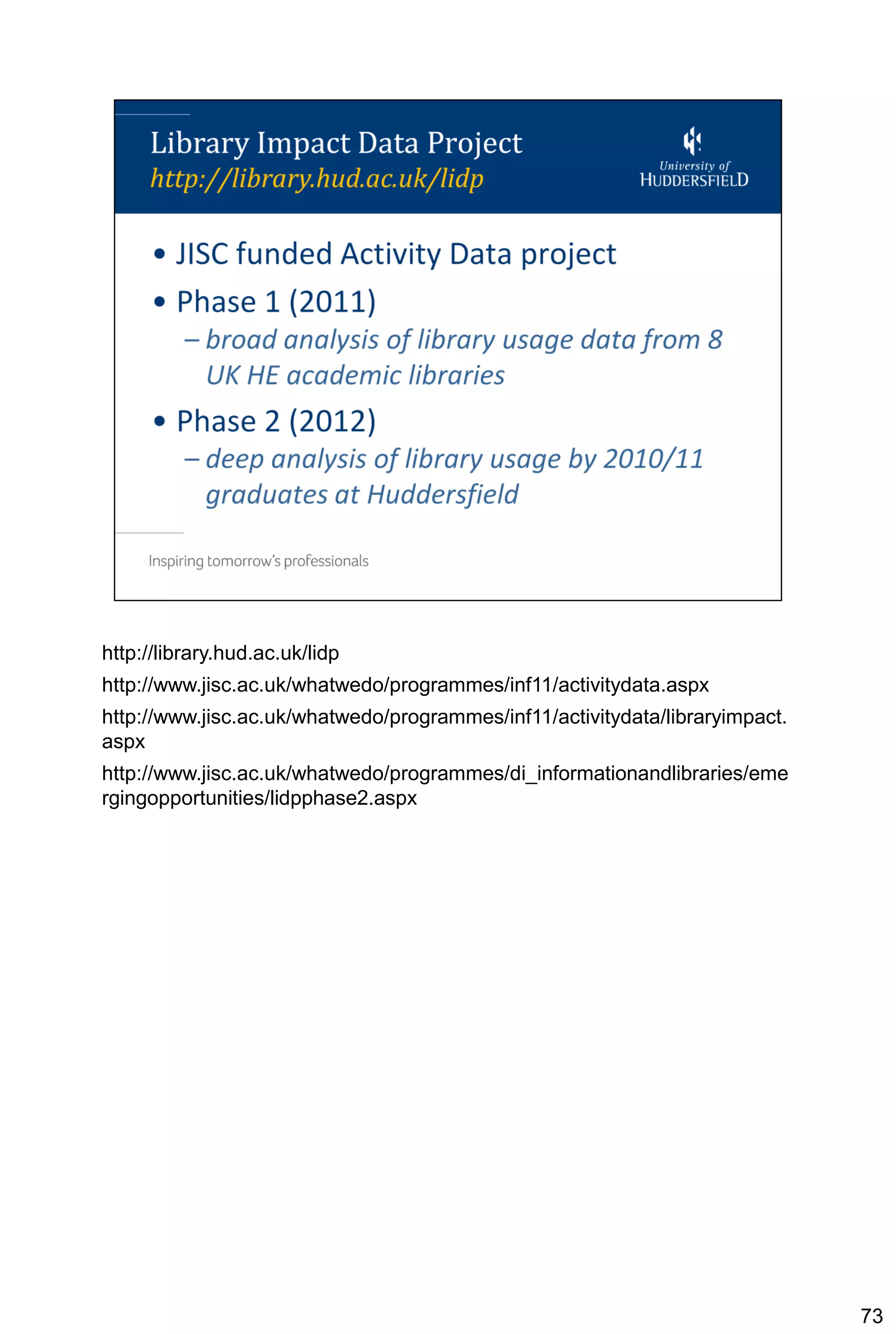 http://library.hud.ac.uk/lidp
http://www.jisc.ac.uk/whatwedo/programmes/inf11/activitydata.aspx
http://www.jisc.ac.uk/whatwedo/programmes/inf11/activitydata/libraryimpact.
aspx
http://www.jisc.ac.uk/whatwedo/programmes/di_informationandlibraries/eme
rgingopportunities/lidpphase2.aspx




                                                                              73
 